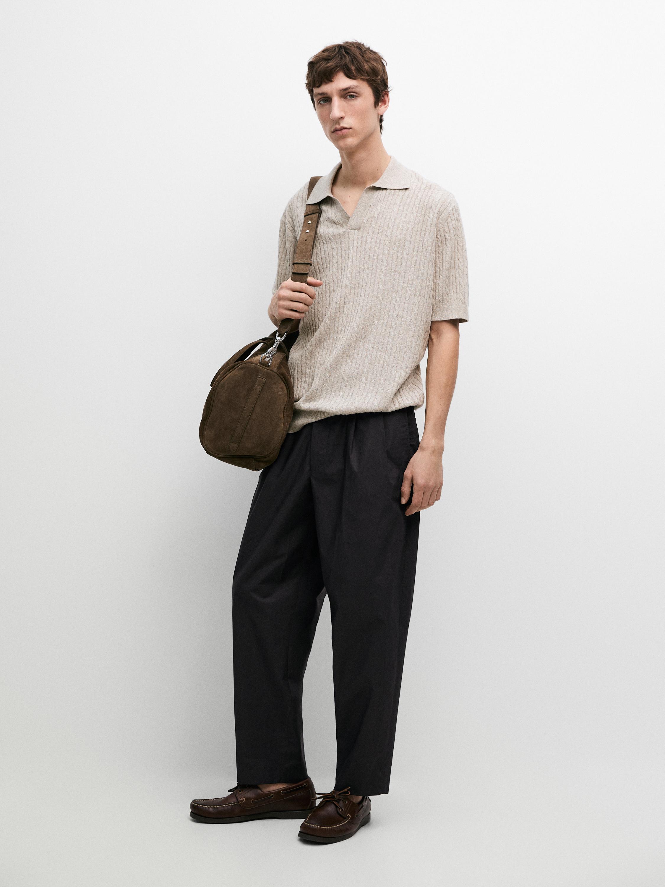 Short sleeve knit polo shirt with cable-knit detail — MINK