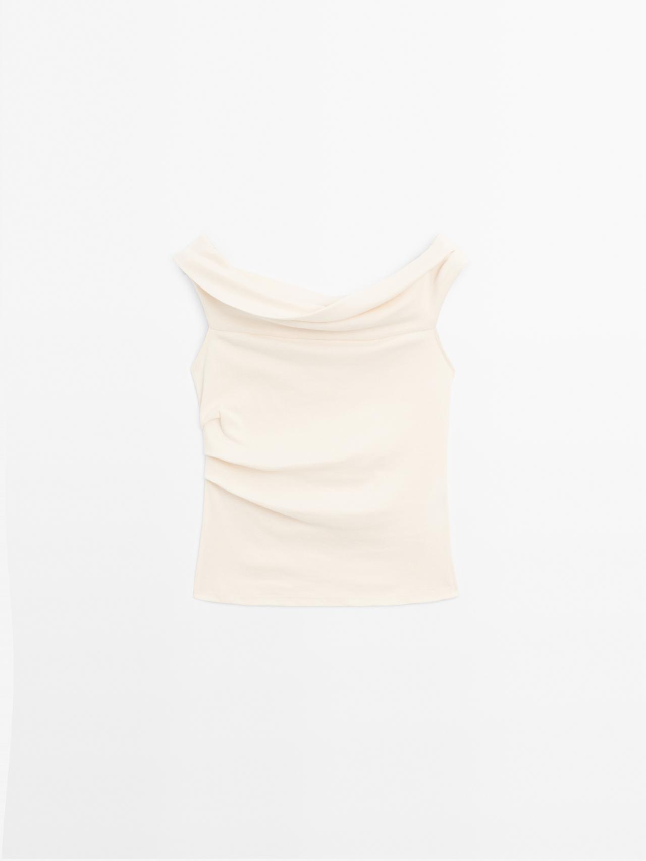 Massimo Dutti - Dame - Draperet Top Uden Stropper - Råhvid - Xl