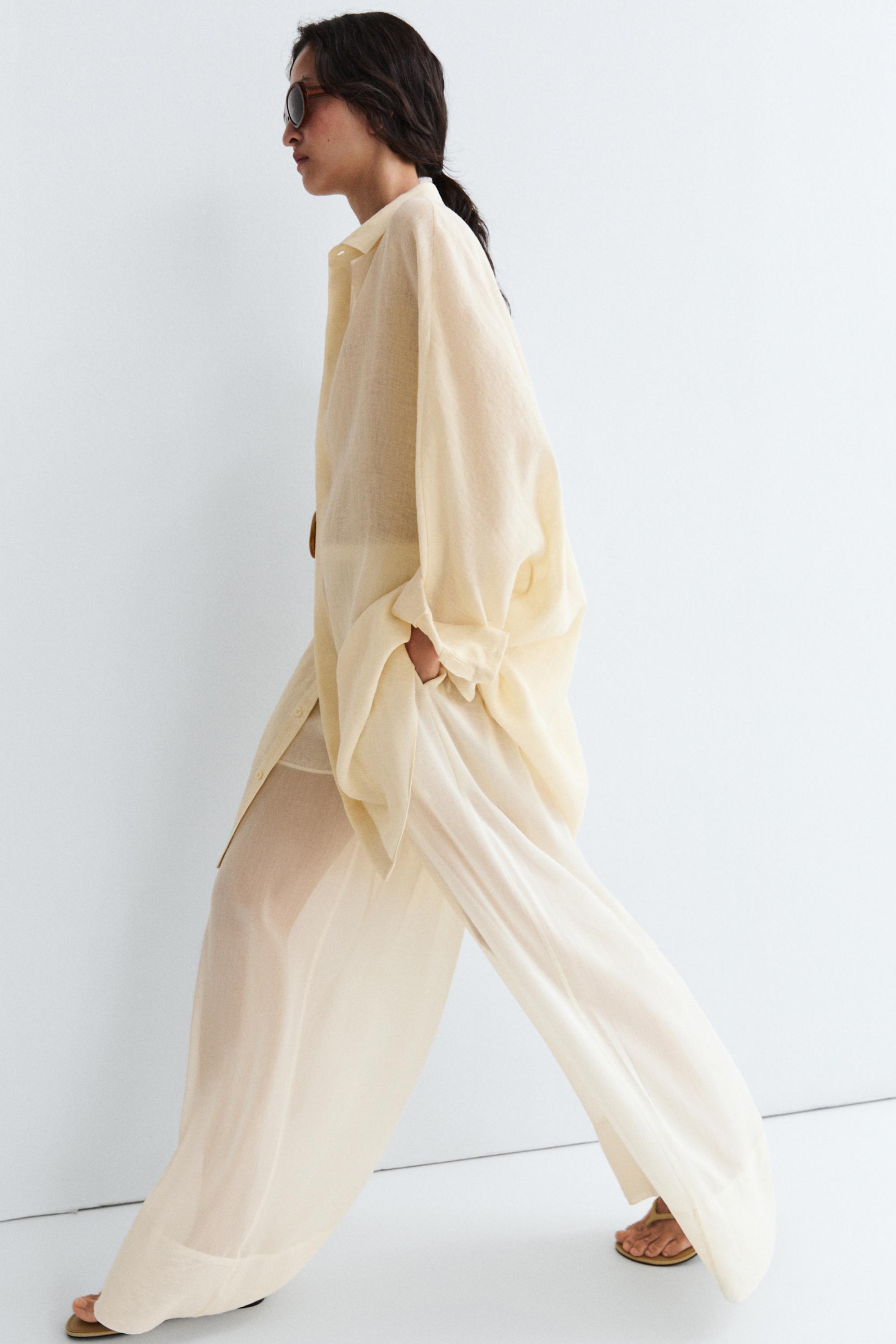 100% linen short shirt dress — PALE YELLOW