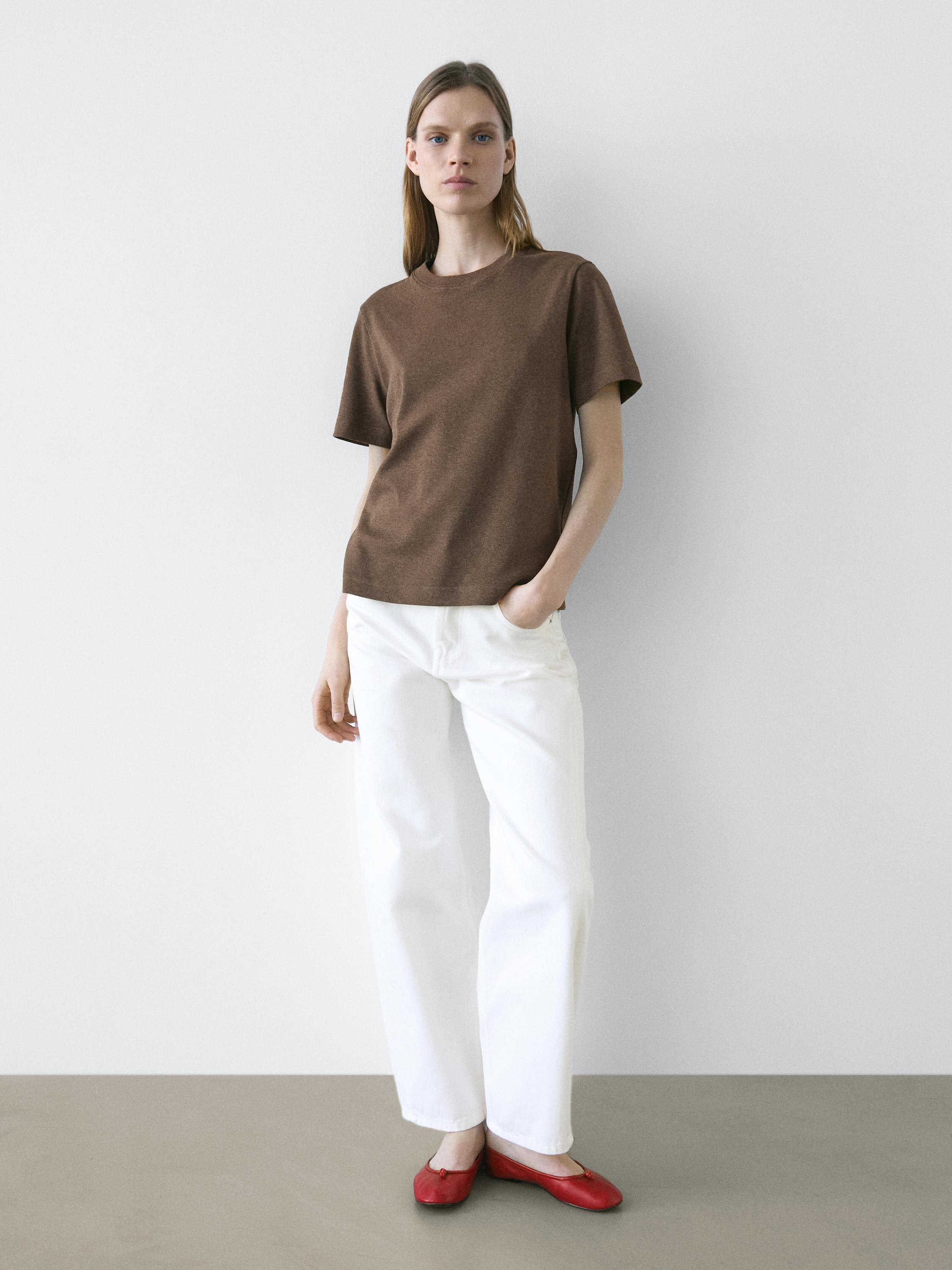 100% cotton interlock crew neck T-shirt — BROWN MARL