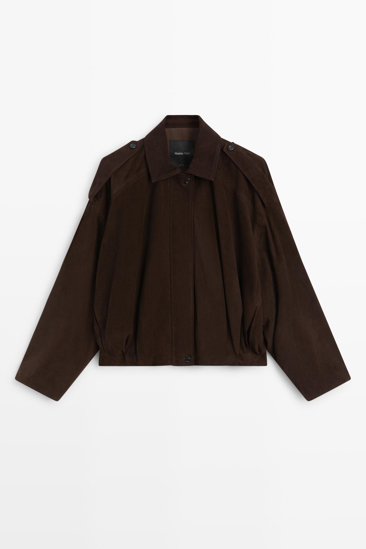 Suede bomber jacket with pleat detail — BROWN