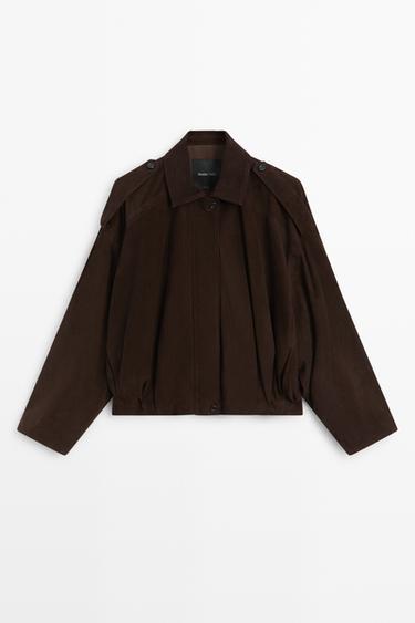 Suede bomber jacket with pleat detail — BROWN 2