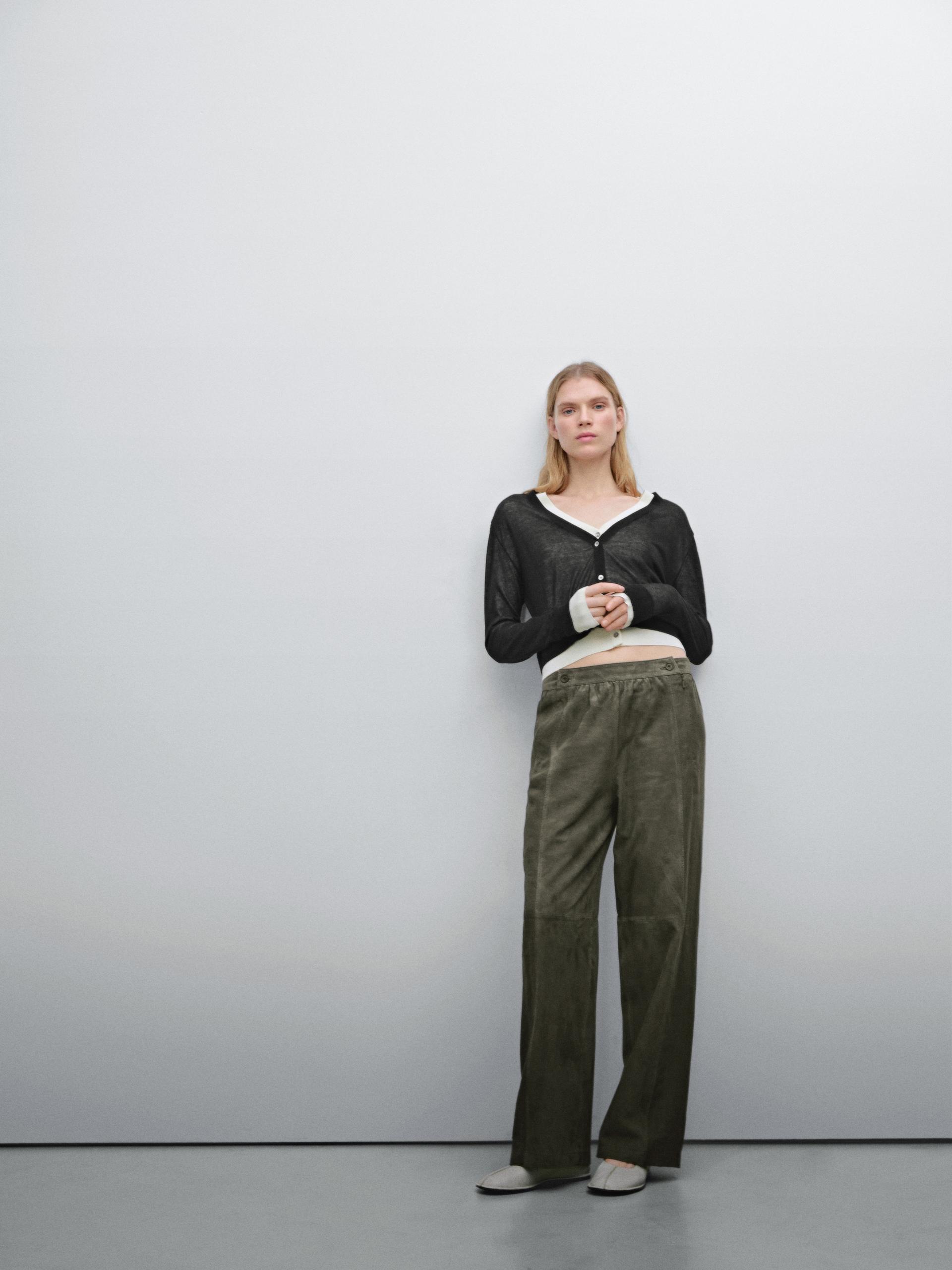 Pantaloni In Pelle Scamosciata Con Dettaglio In Lino - Kaki - L - Massimo Dutti - Femminile