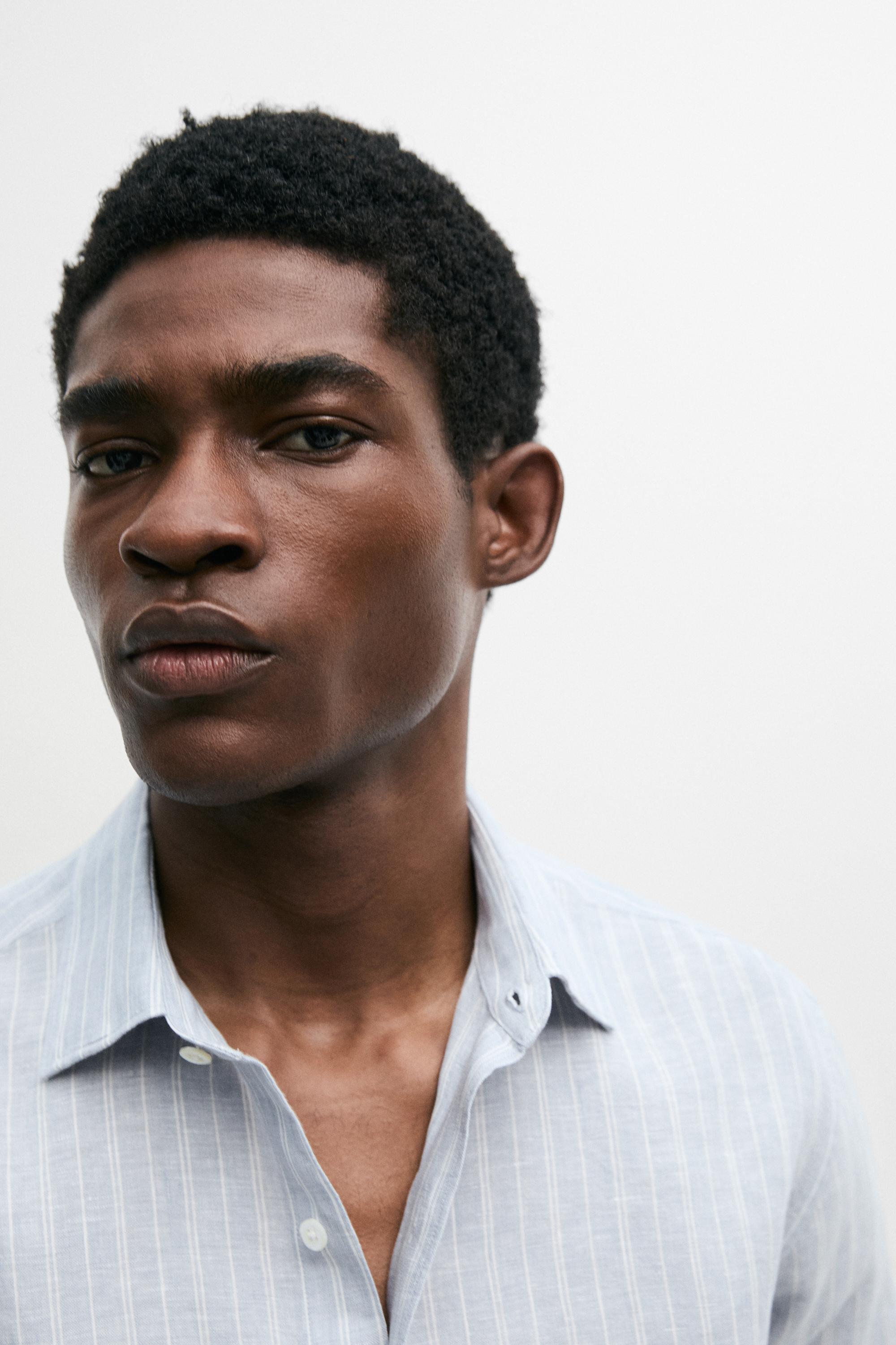 100% linen regular fit faded striped shirt — BLUE