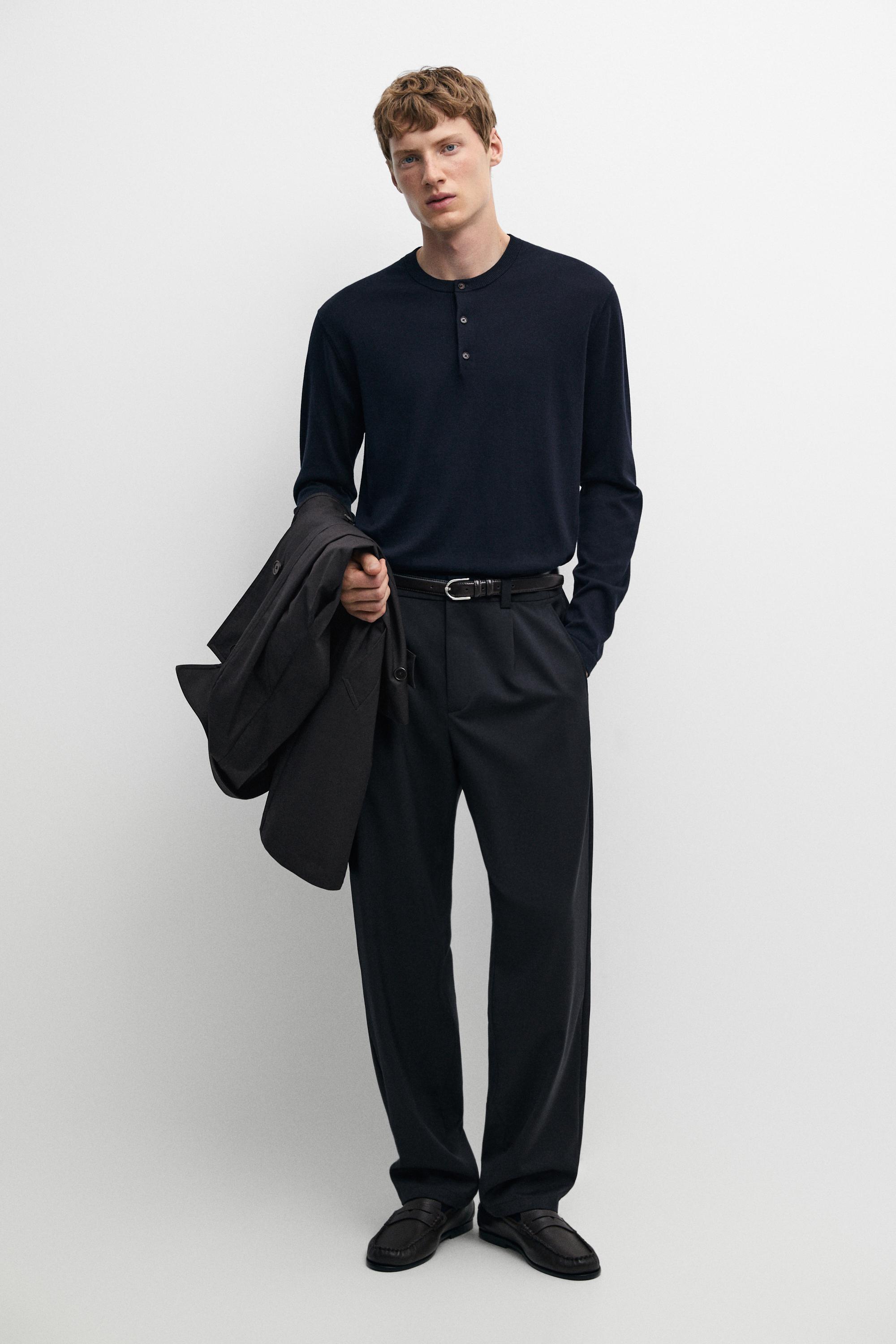 100% Cotton Henley Neck Knit Sweater — NAVY BLUE