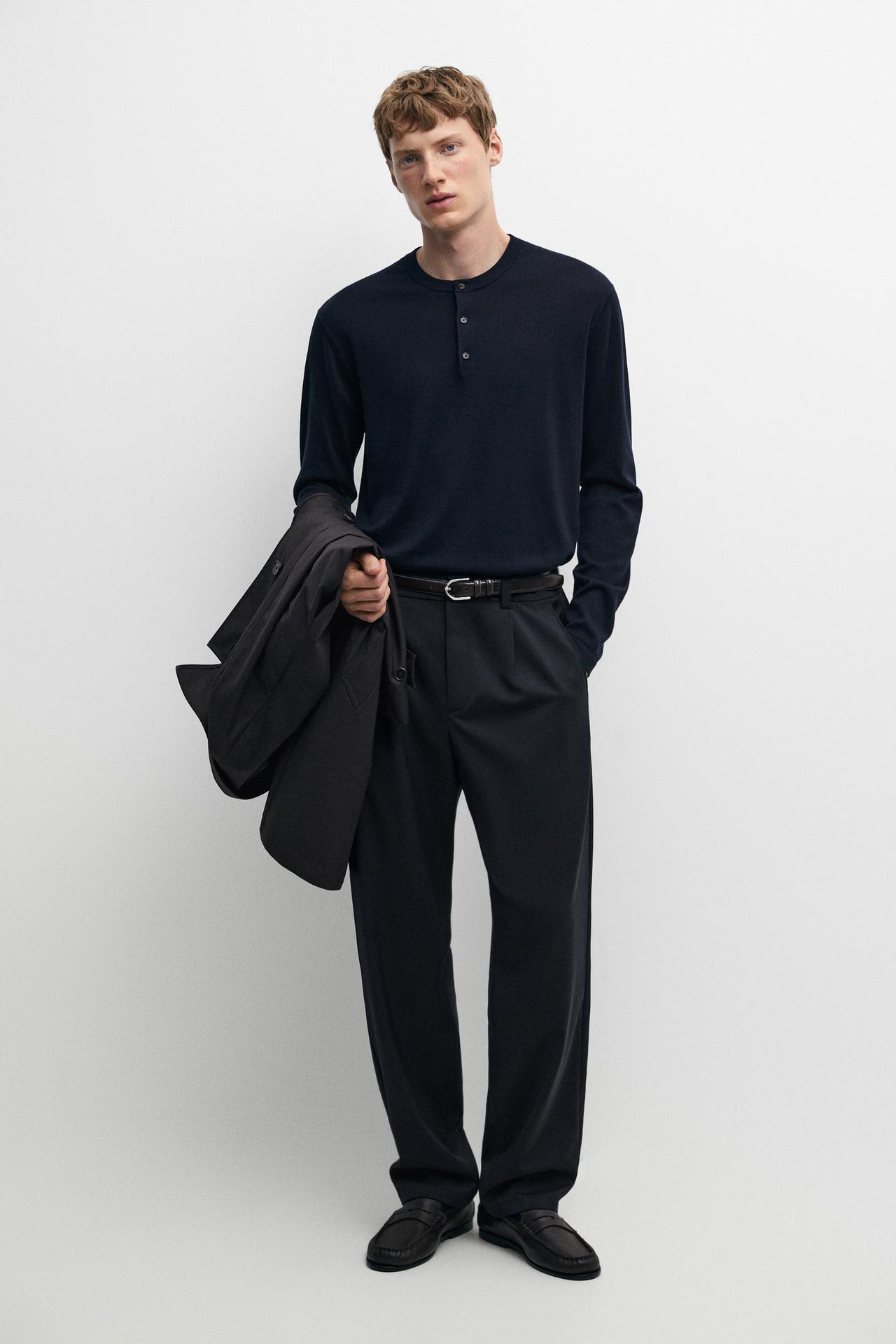 100% Cotton Henley Neck Knit Sweater — NAVY BLUE