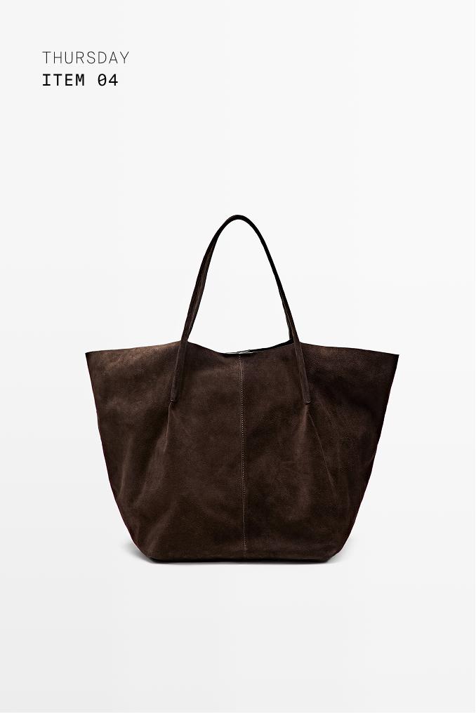 Split suede leather tote bag — Chocolate