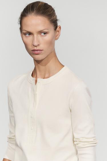 Cotton blend henley T-shirt — CREAM 5