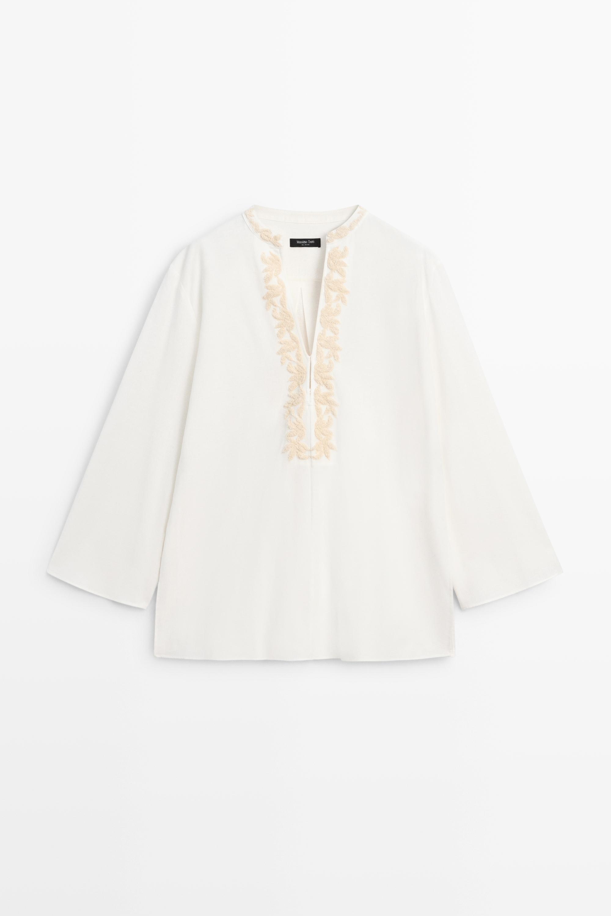 Flowing oversize blouse with stand collar and embroidery — CREAM