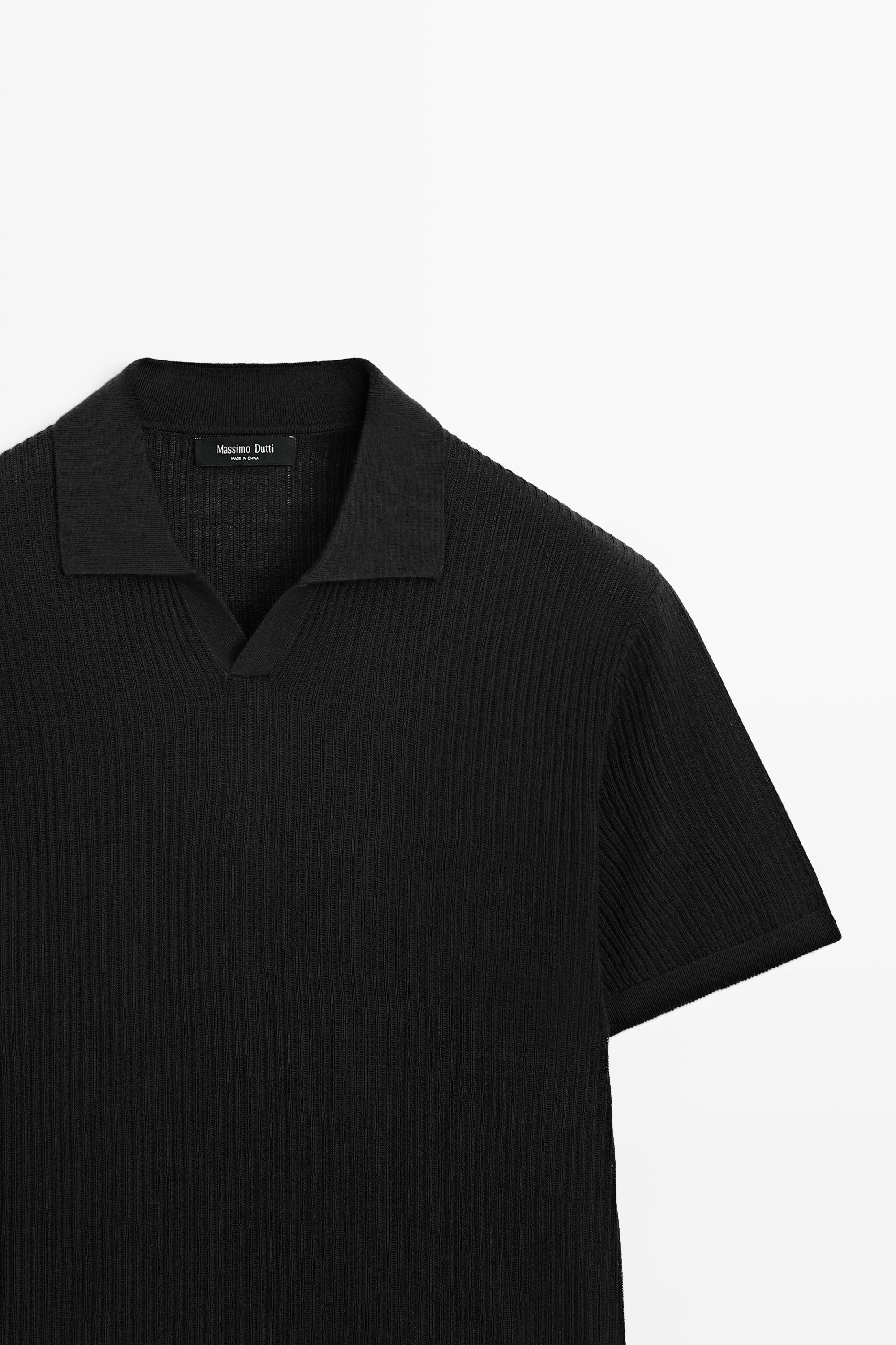Wool blend short sleeve knit polo — BLACK