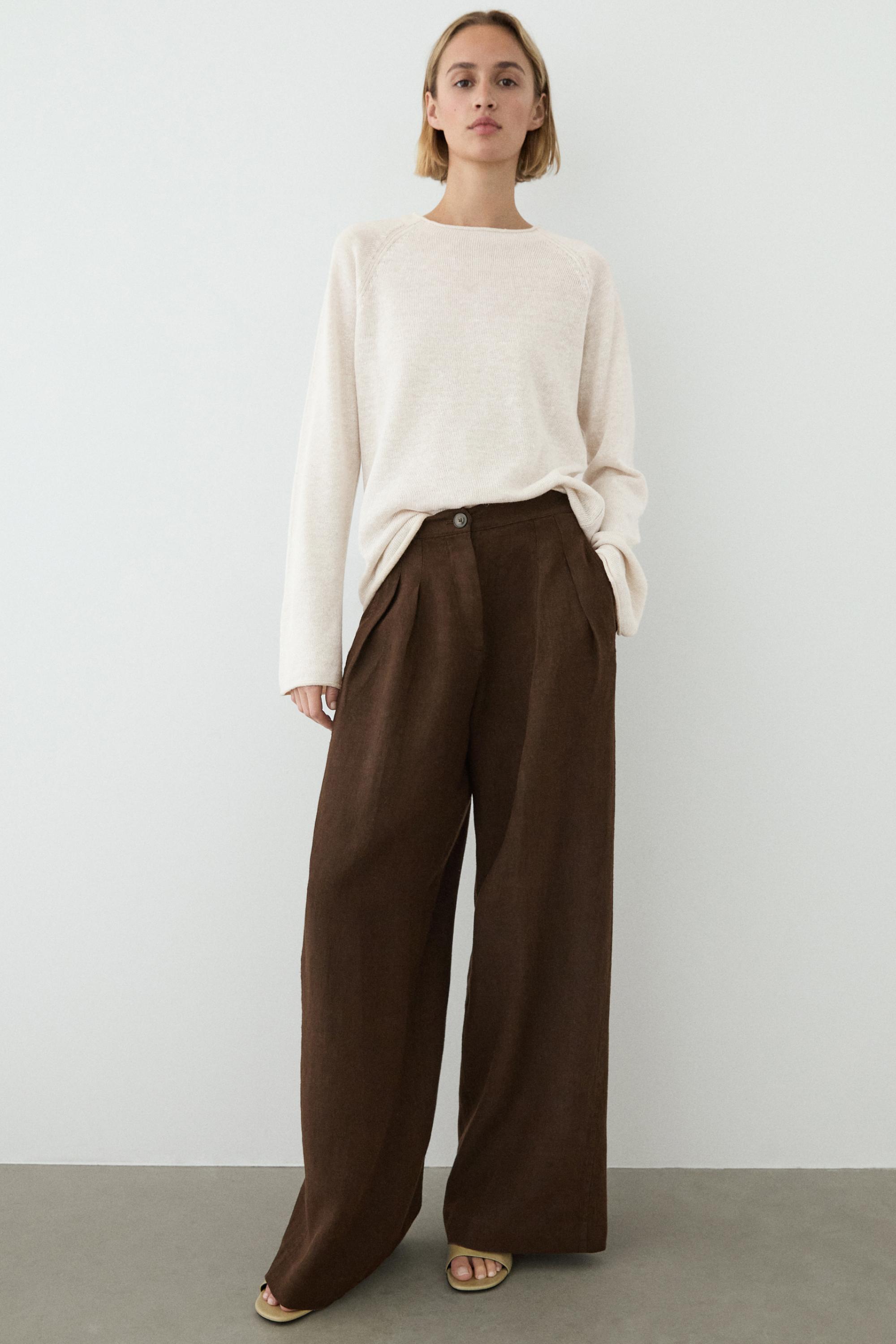 100% linen wide-leg pleated trousers — BROWN