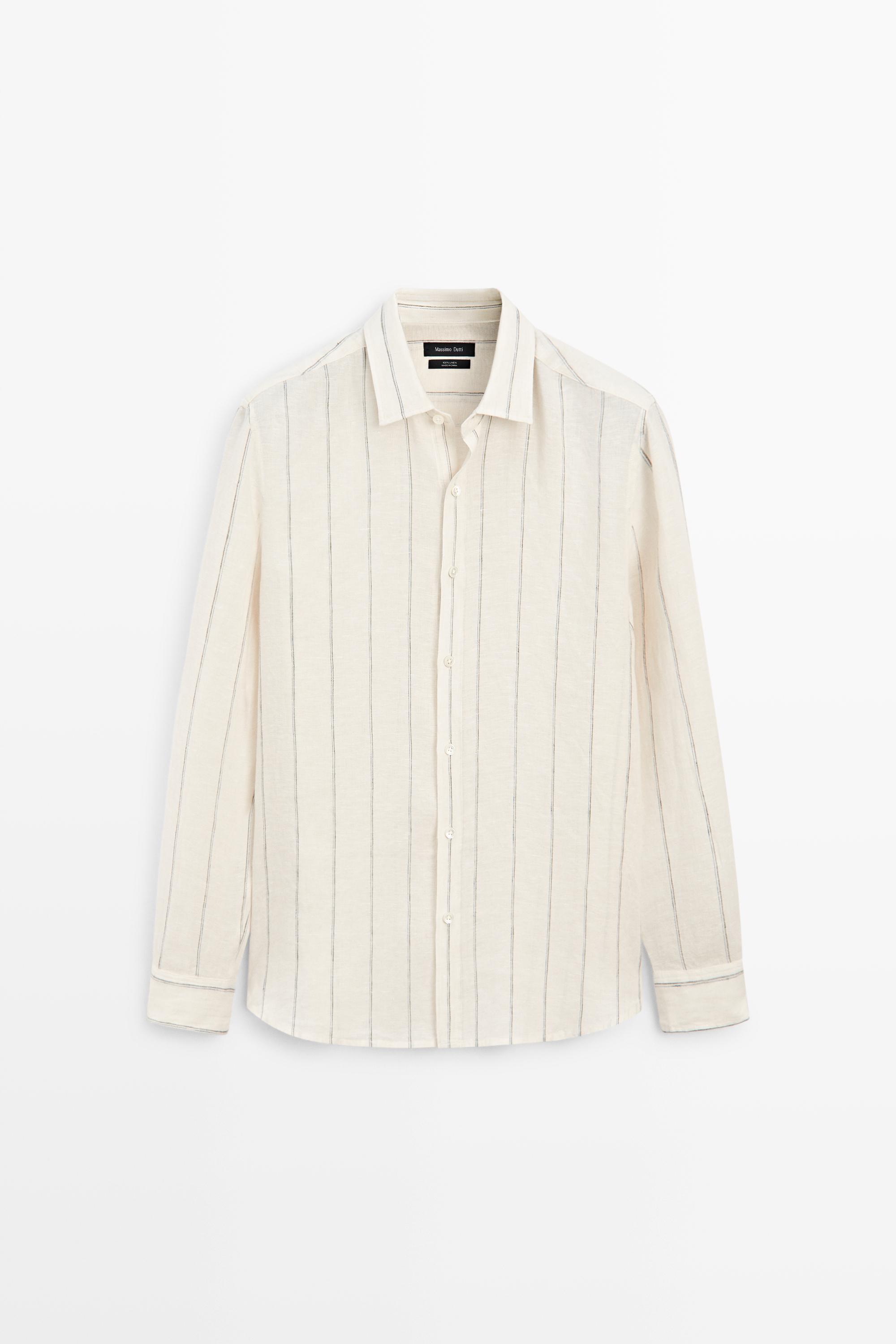 100% linen regular fit striped shirt — CREAM