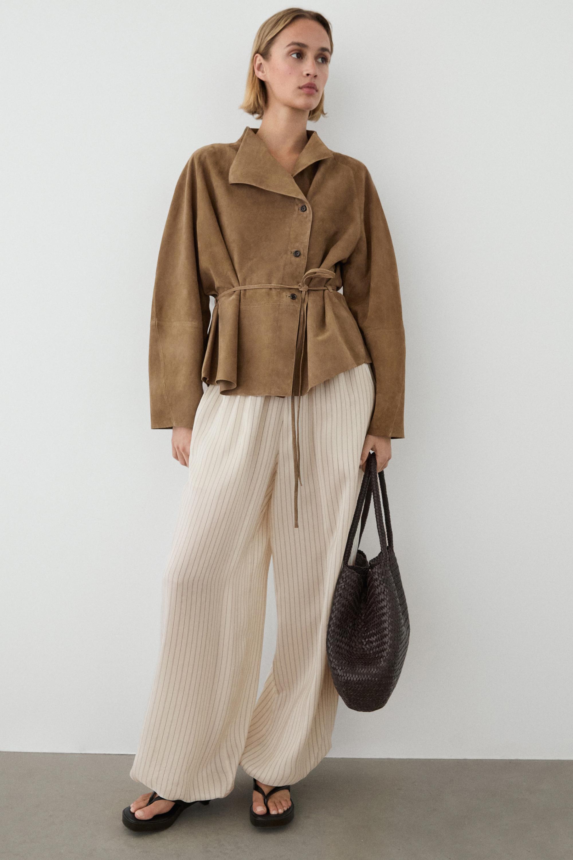 Suede leather jacket with drawstring — SAND