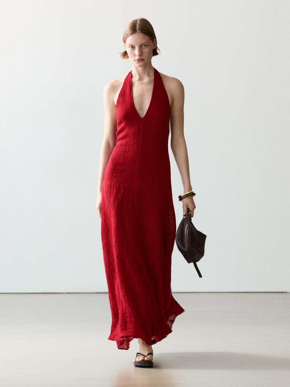 Long 100% Linen Dress With Neckline Detail - Red - 4 - Massimo Dutti - Women Long 100% Linen Dress With Neckline Detail - Red - 4 - Massimo Dutti - Women