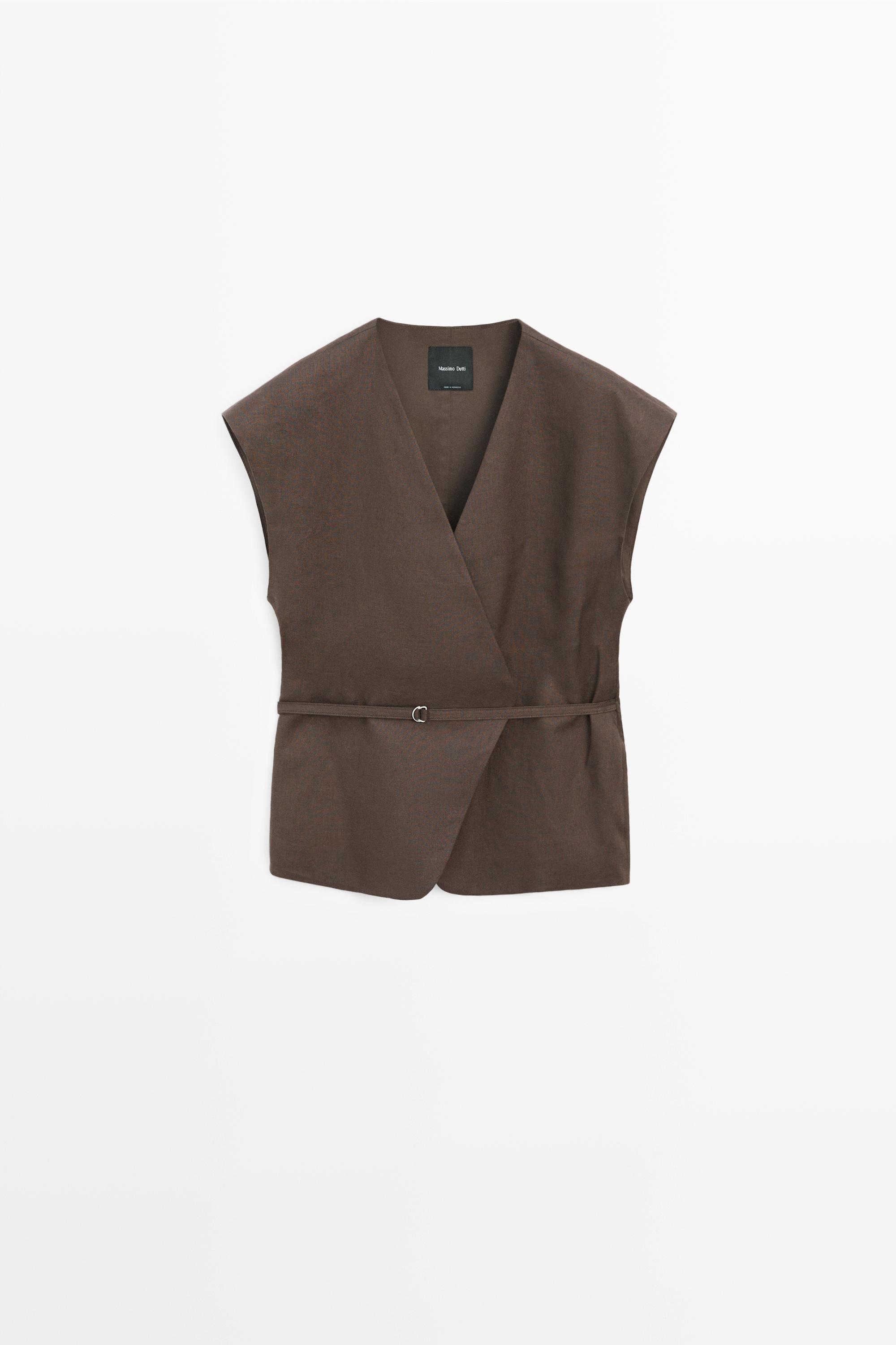 Linen blend waistcoat with wrap neckline — BROWN