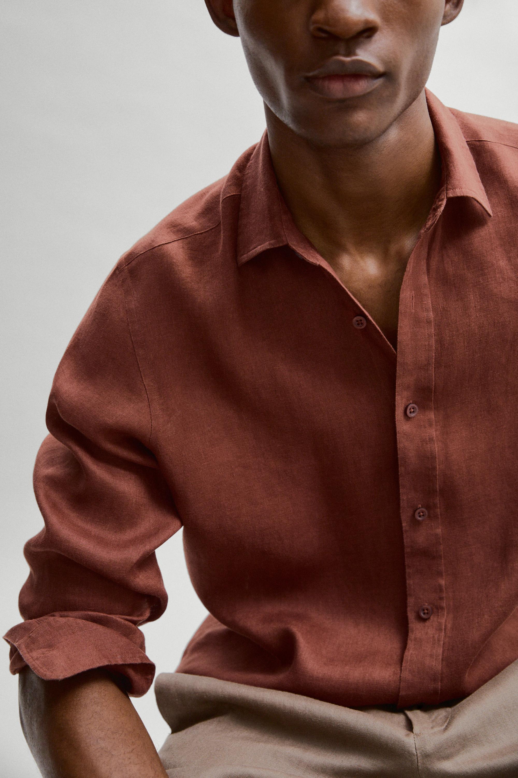 100% linen slim fit shirt — TERRA-COTTA