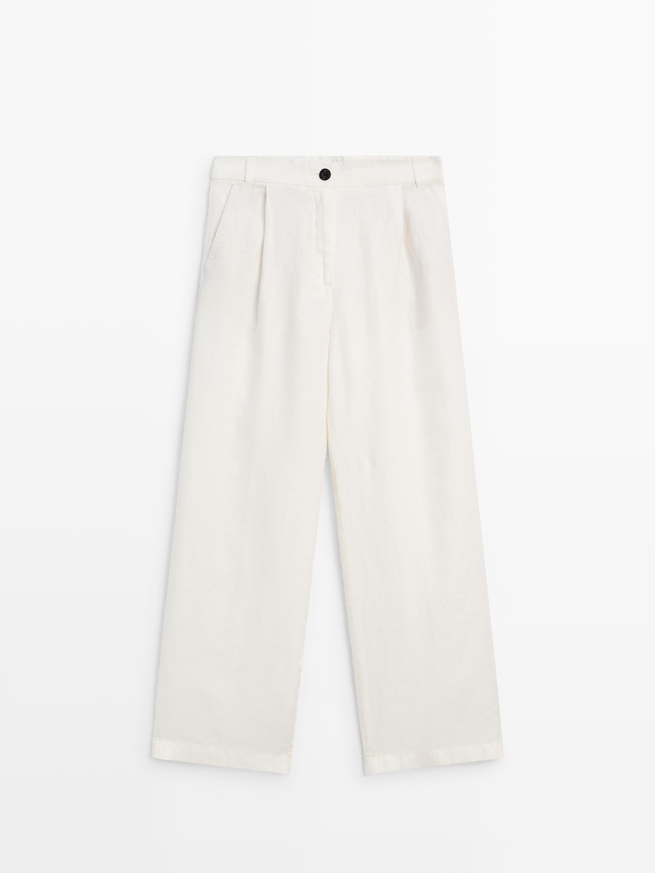 100% linen wide-leg elasticated trousers — Off white