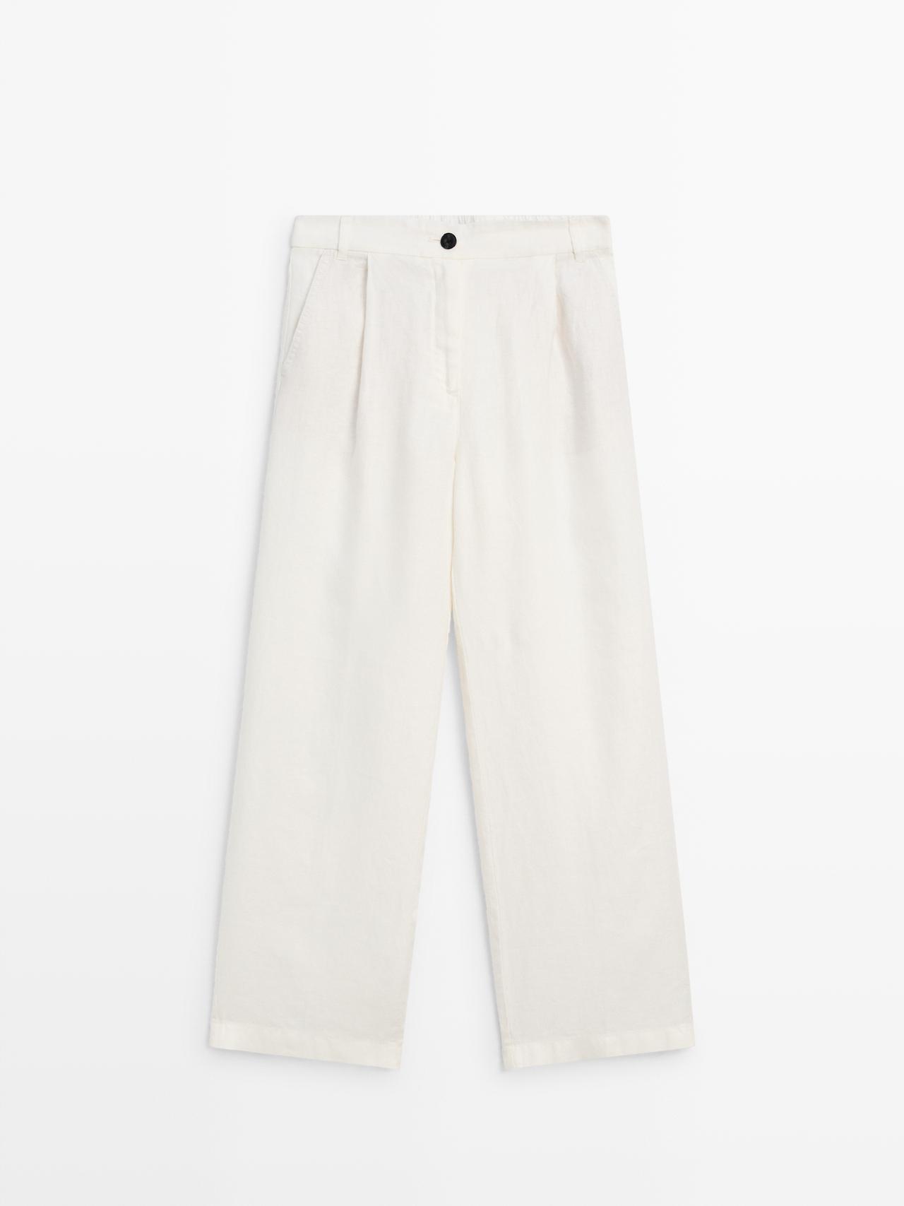 Massimo Dutti - Dame - Bukser I 100 % Hør Med Stretch Og Brede Ben - Råhvid - 44