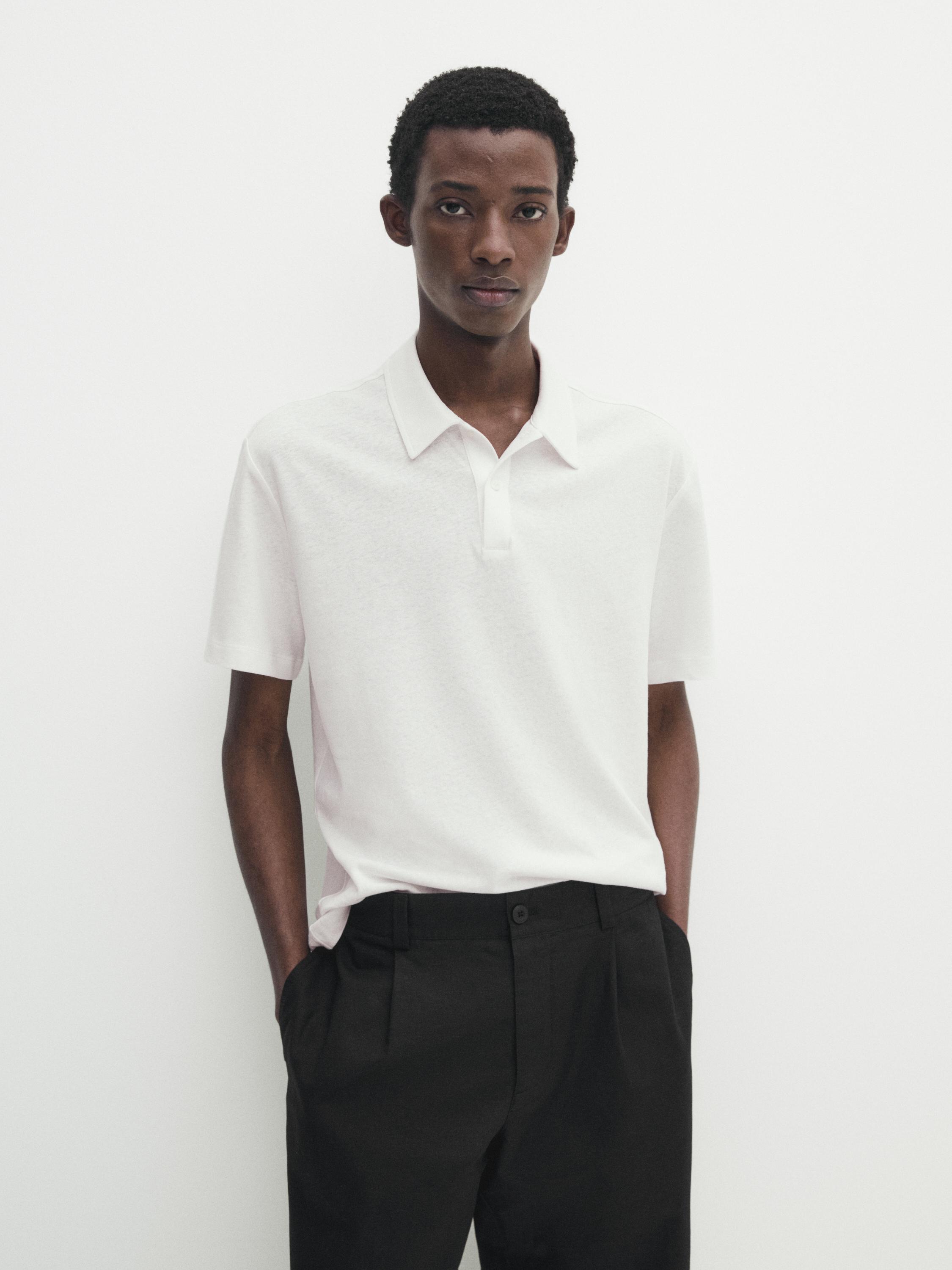 Linen blend short sleeve polo shirt