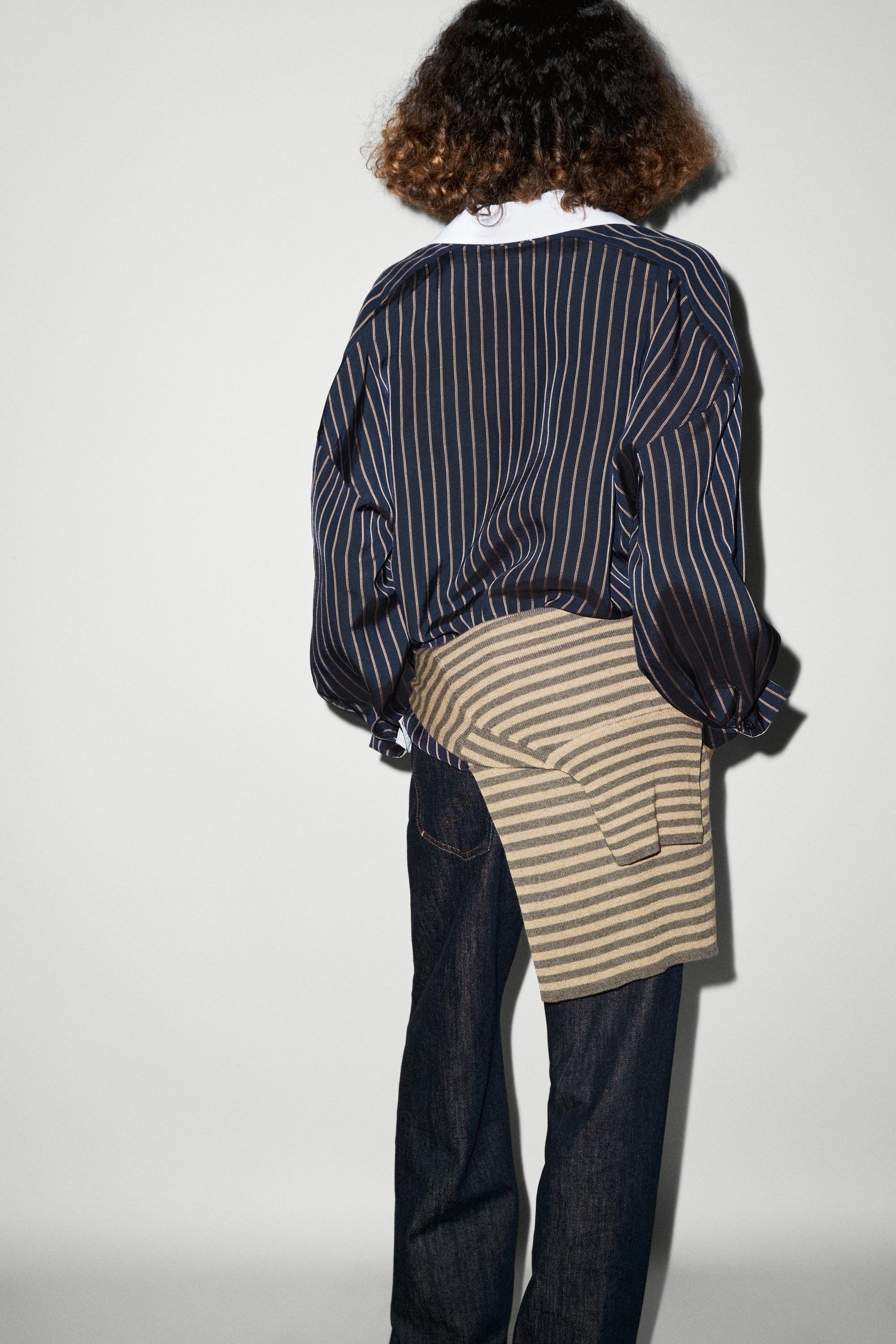 Striped contrast collar shirt — NAVY BLUE