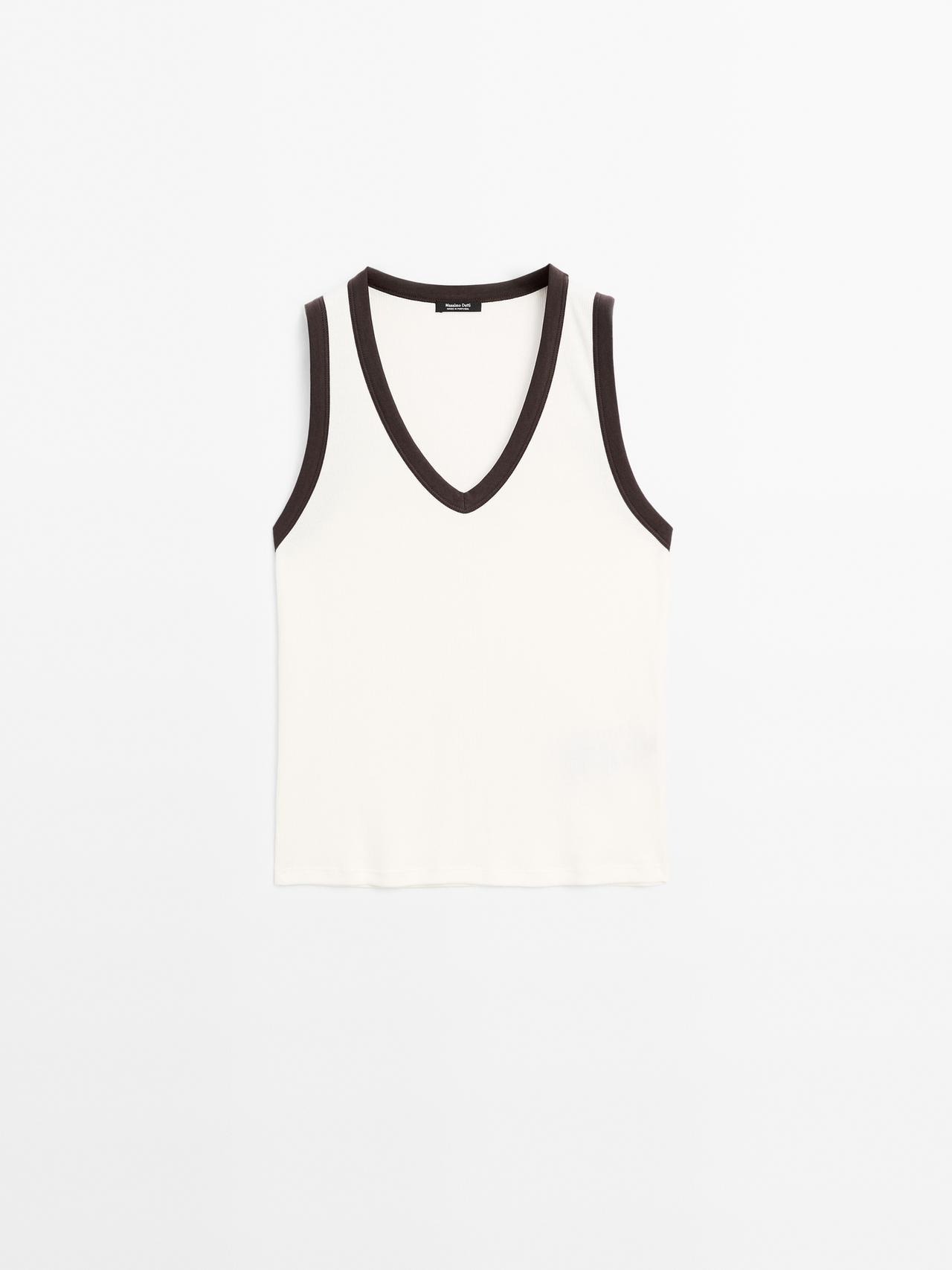 Massimo Dutti - Dame - Top I Rib Med V-Udskæring - Råhvid - M