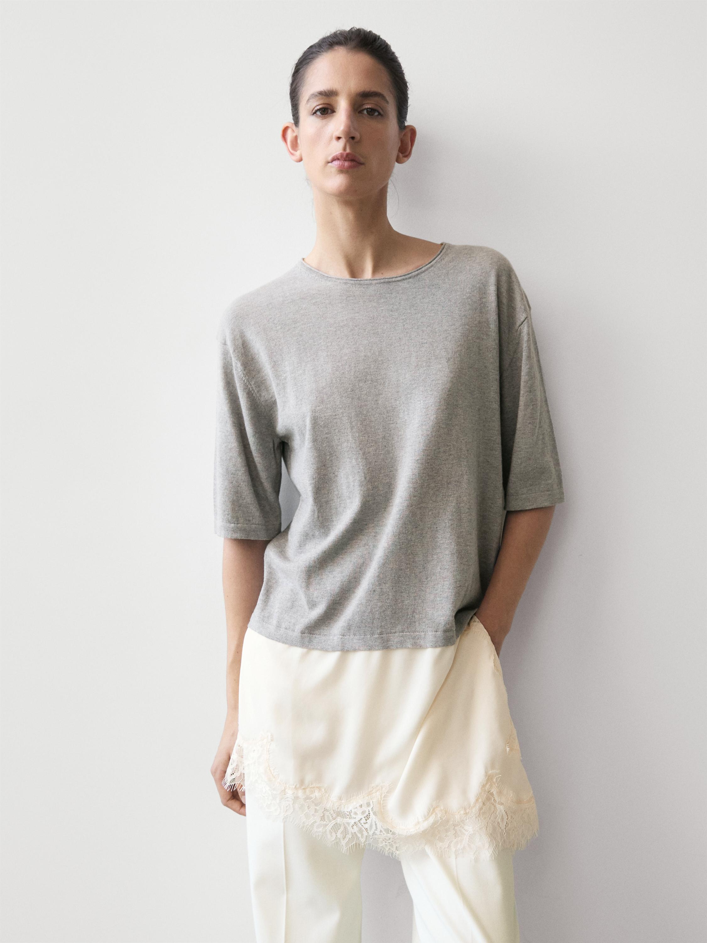 Sweater with contrast lace detail — MEDIUM GREY