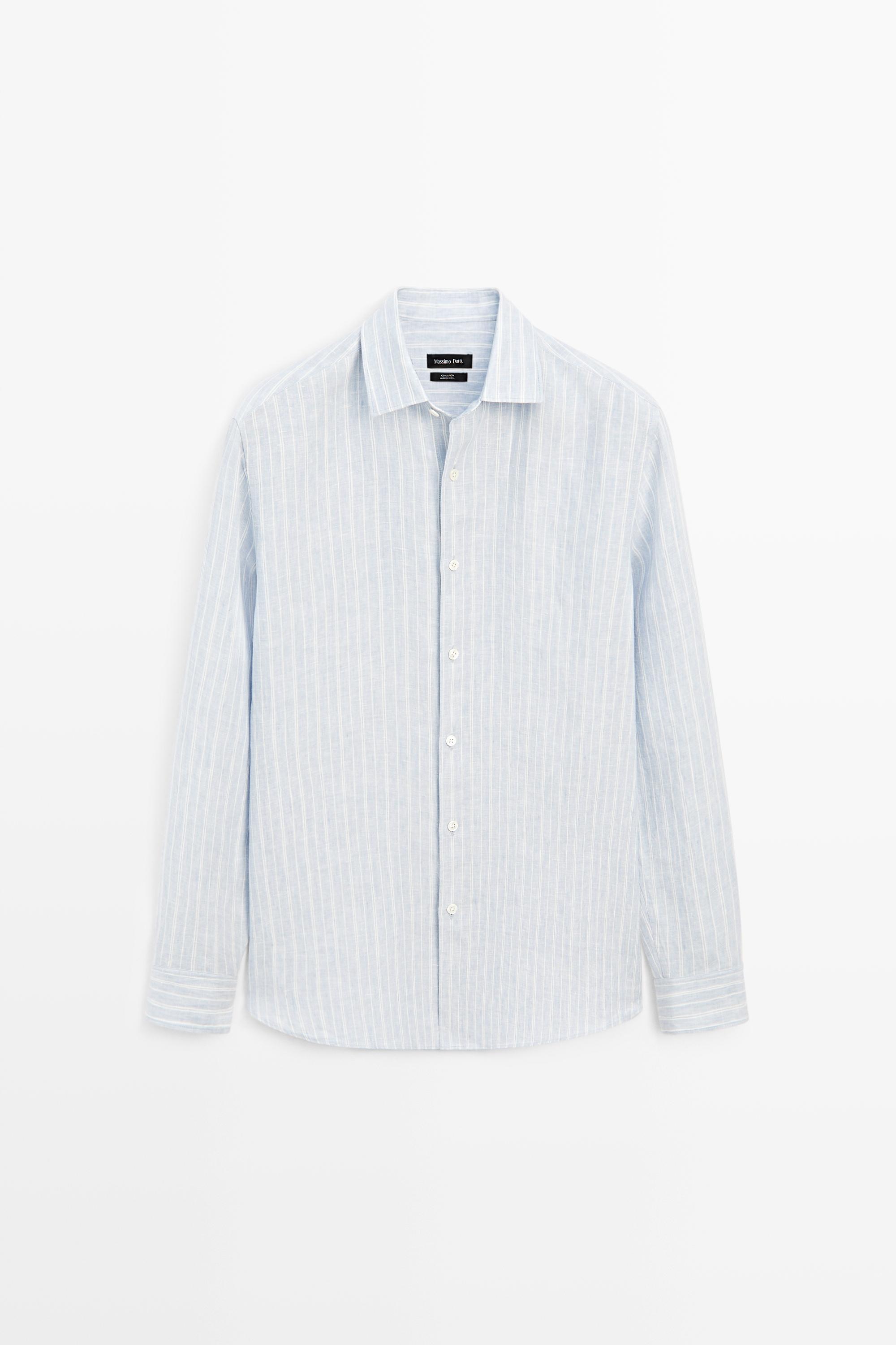 100% linen regular fit faded striped shirt — BLUE
