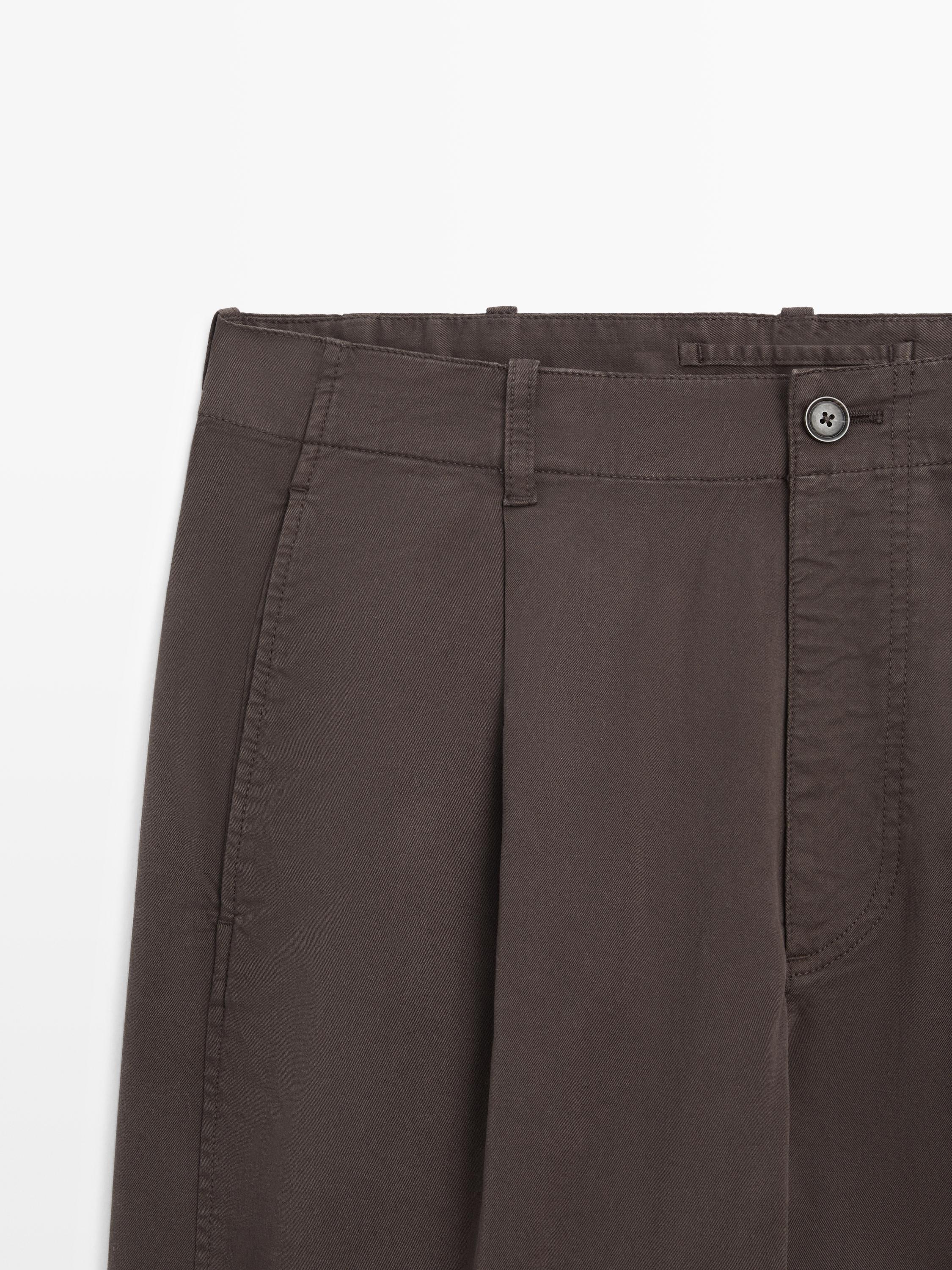 Cotton blend barrel fit trousers — BROWN