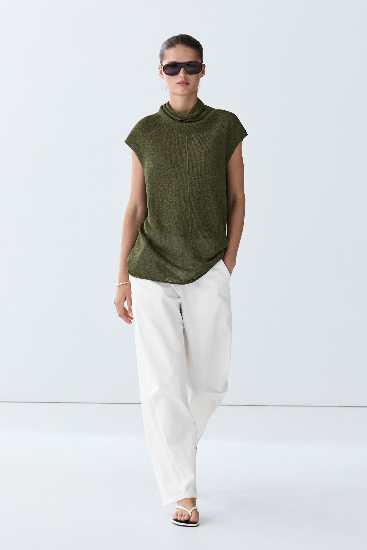 Draped high neck knit top — GREEN