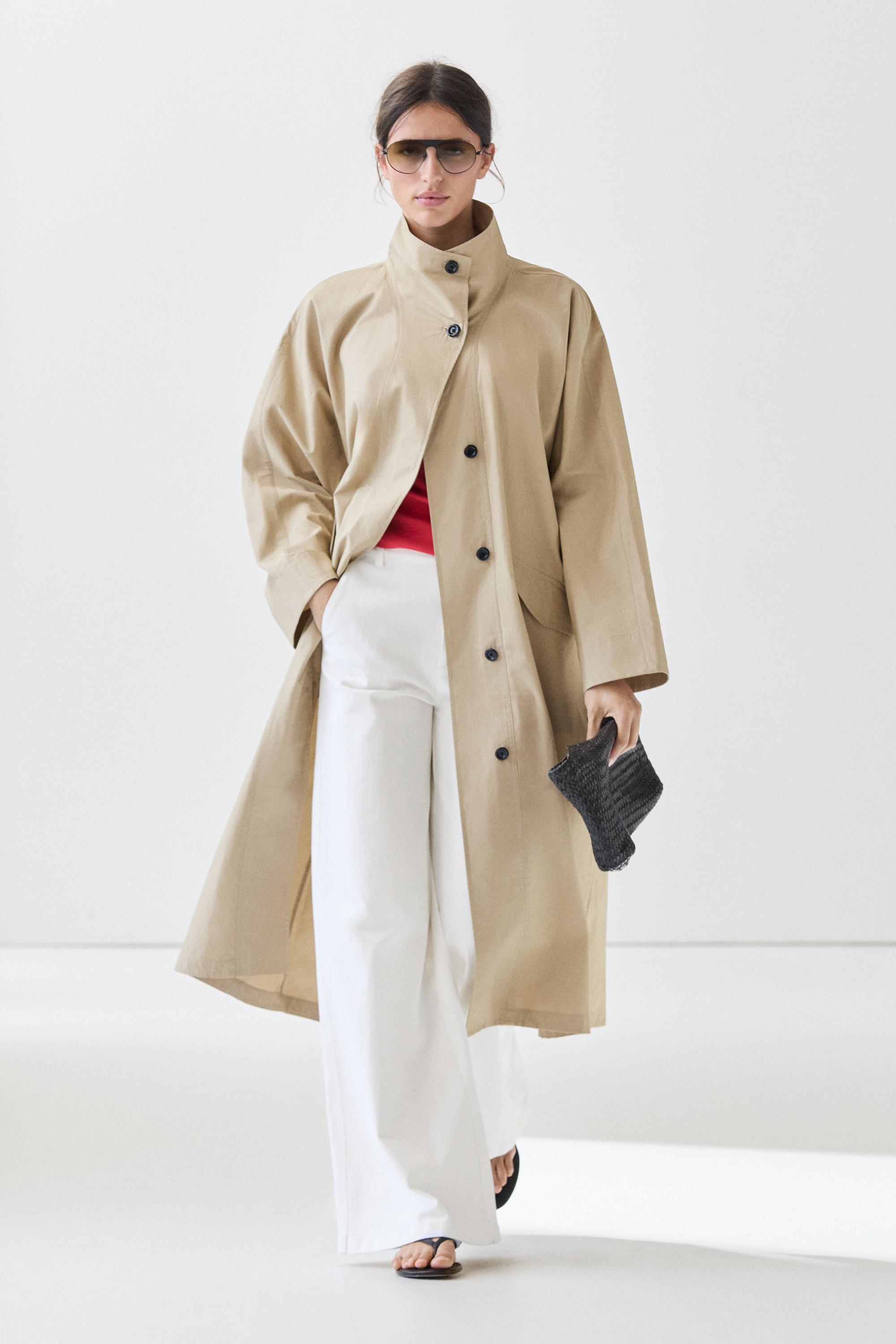 100% Cotton High-Neck Trench Coat — Light Beige