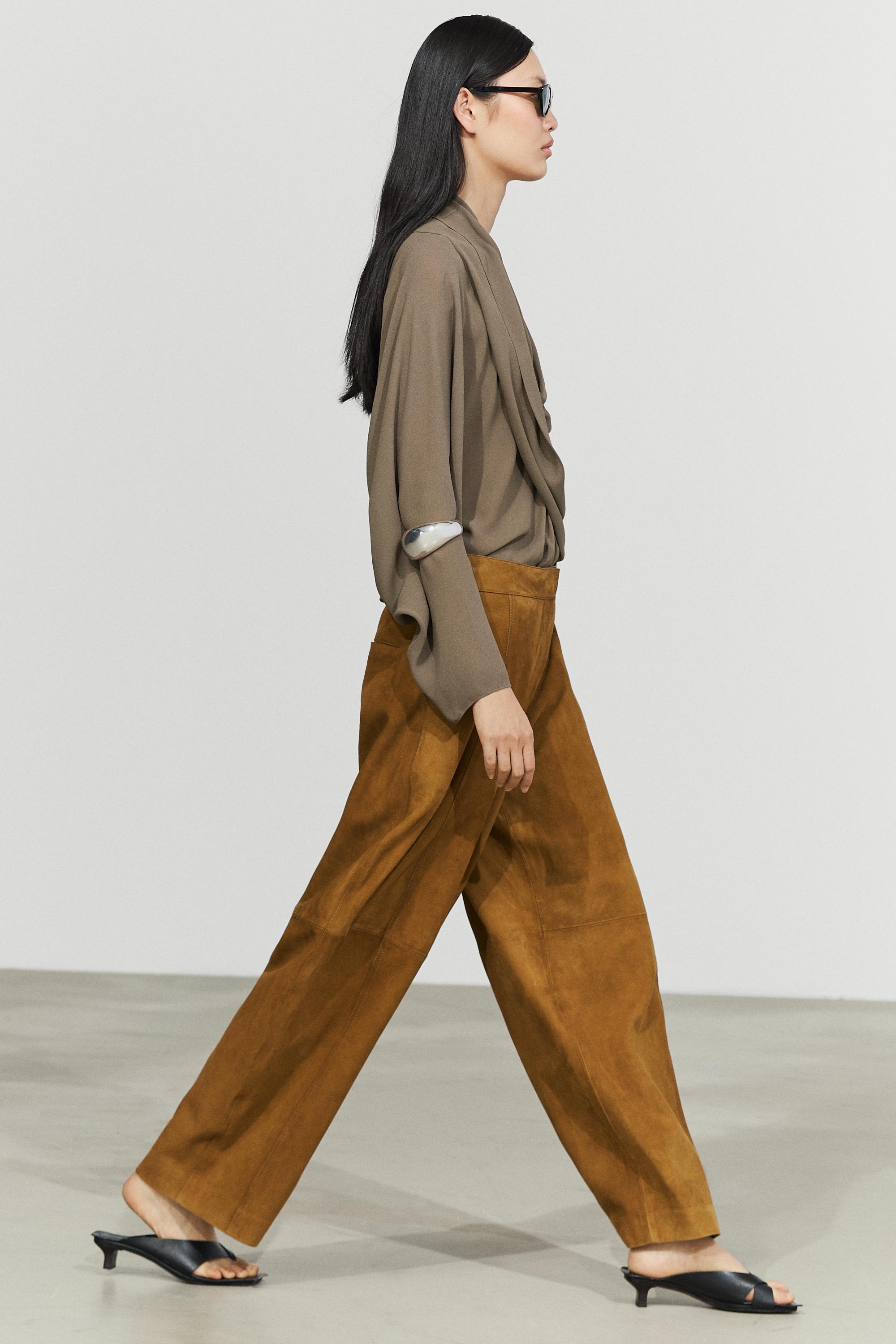 Suede goatskin barrel fit pants — DARK CAMEL
