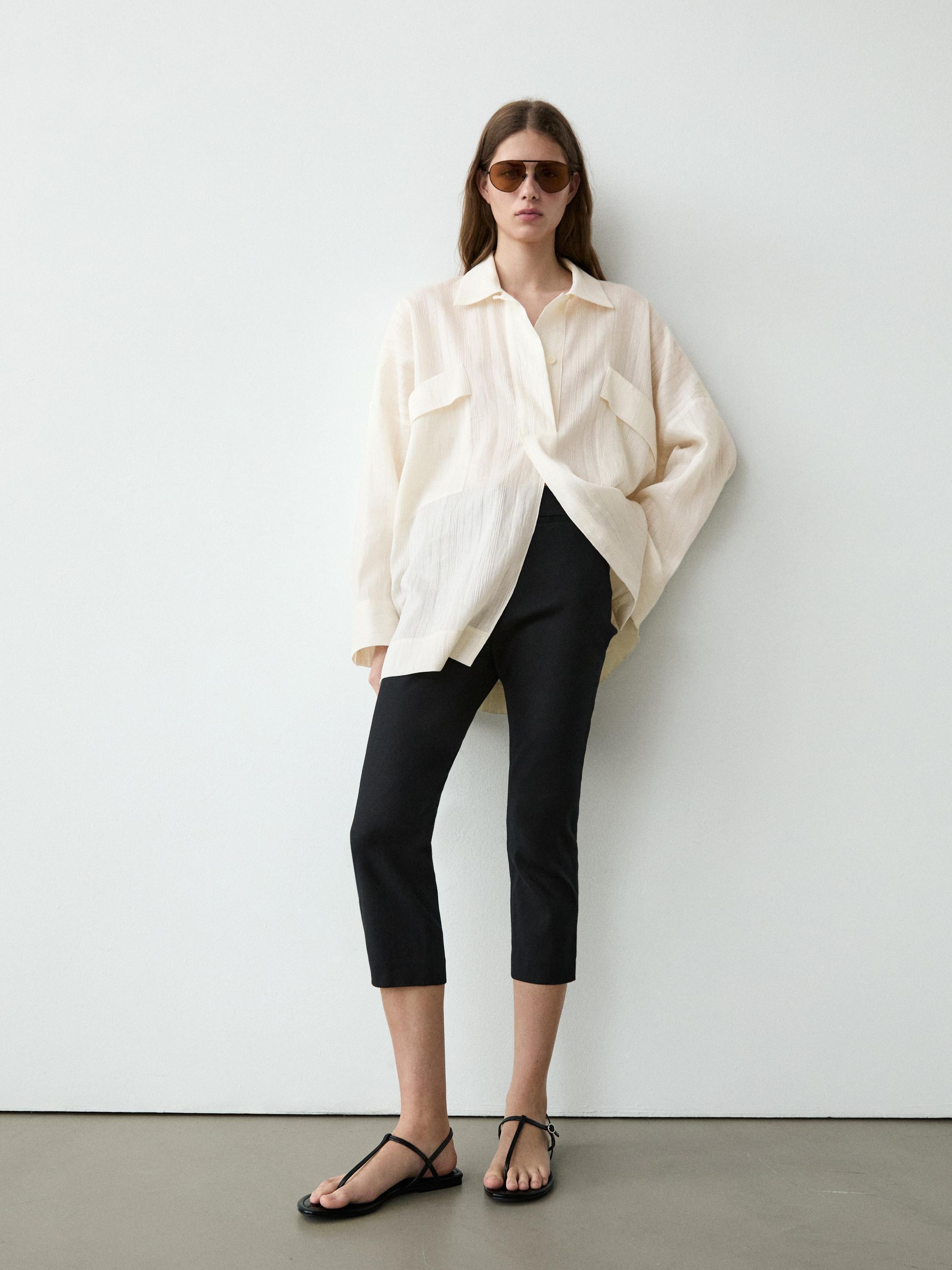 Flowing linen and cotton shirt with opening — Off white