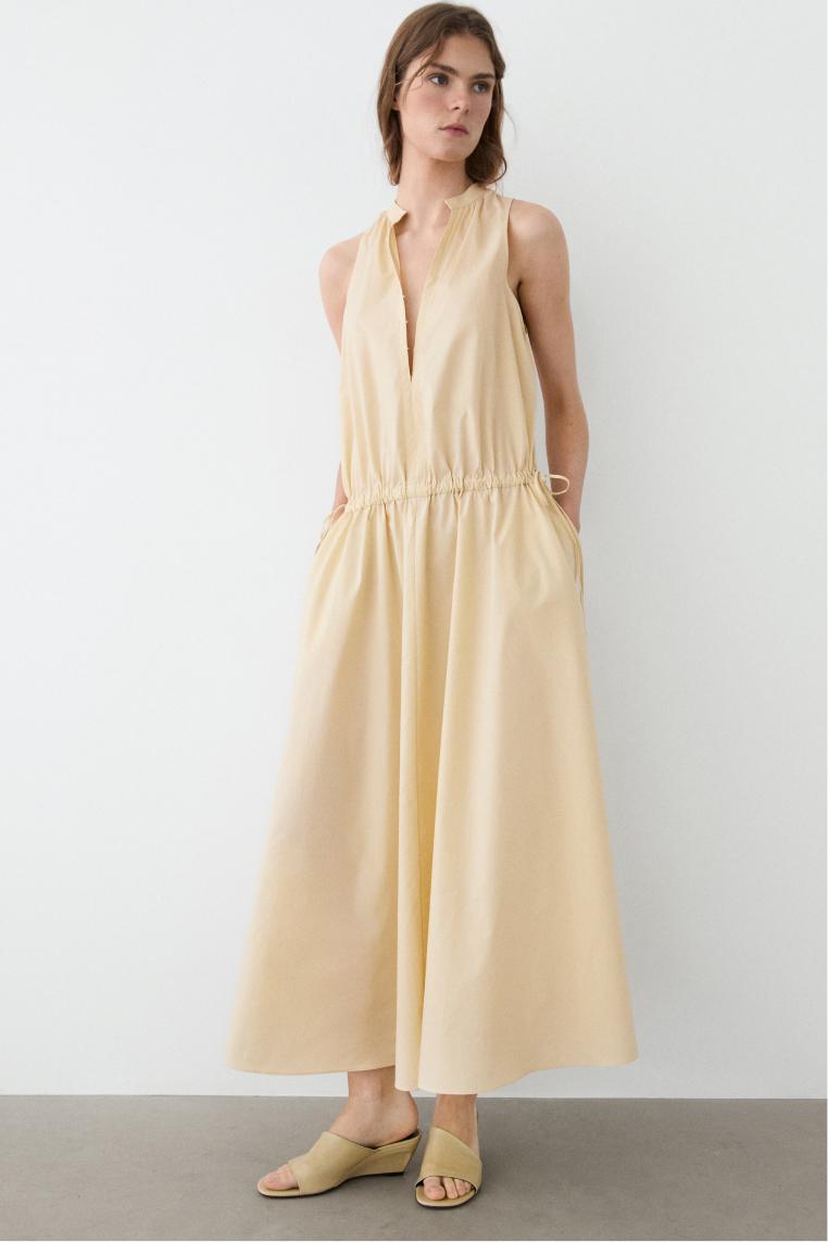 100% cotton midi dress with elasticated waist — PALE YELLOW