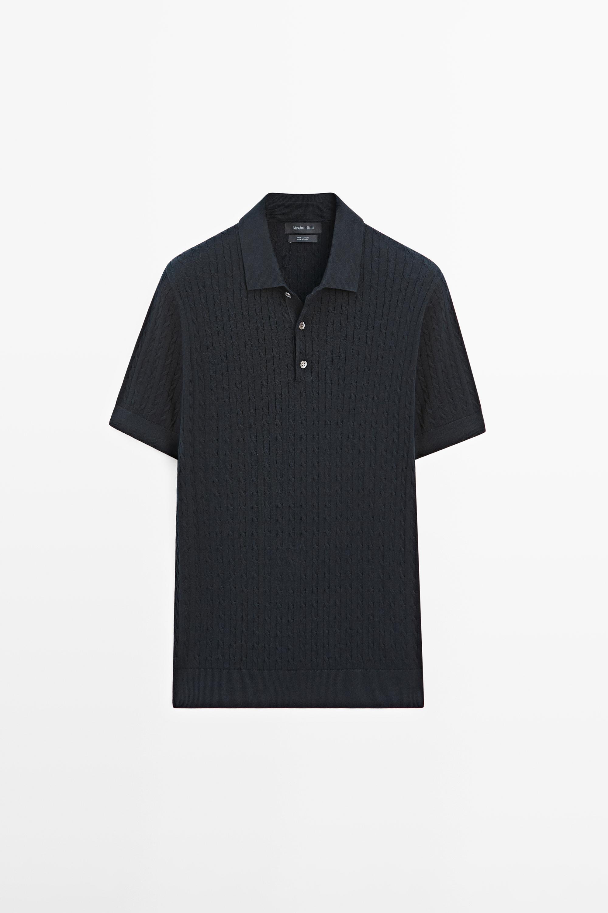 100% cotton cable-knit polo shirt — NAVY BLUE