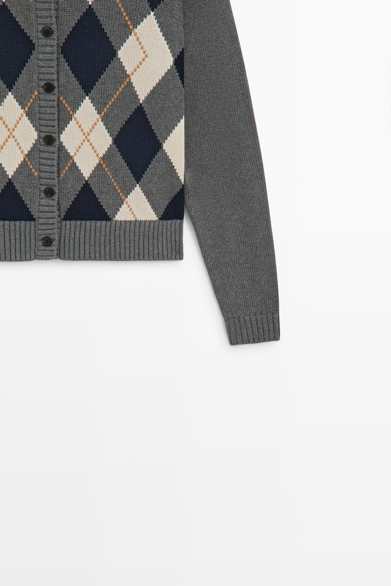 100% cotton argyle knit cardigan — GREY