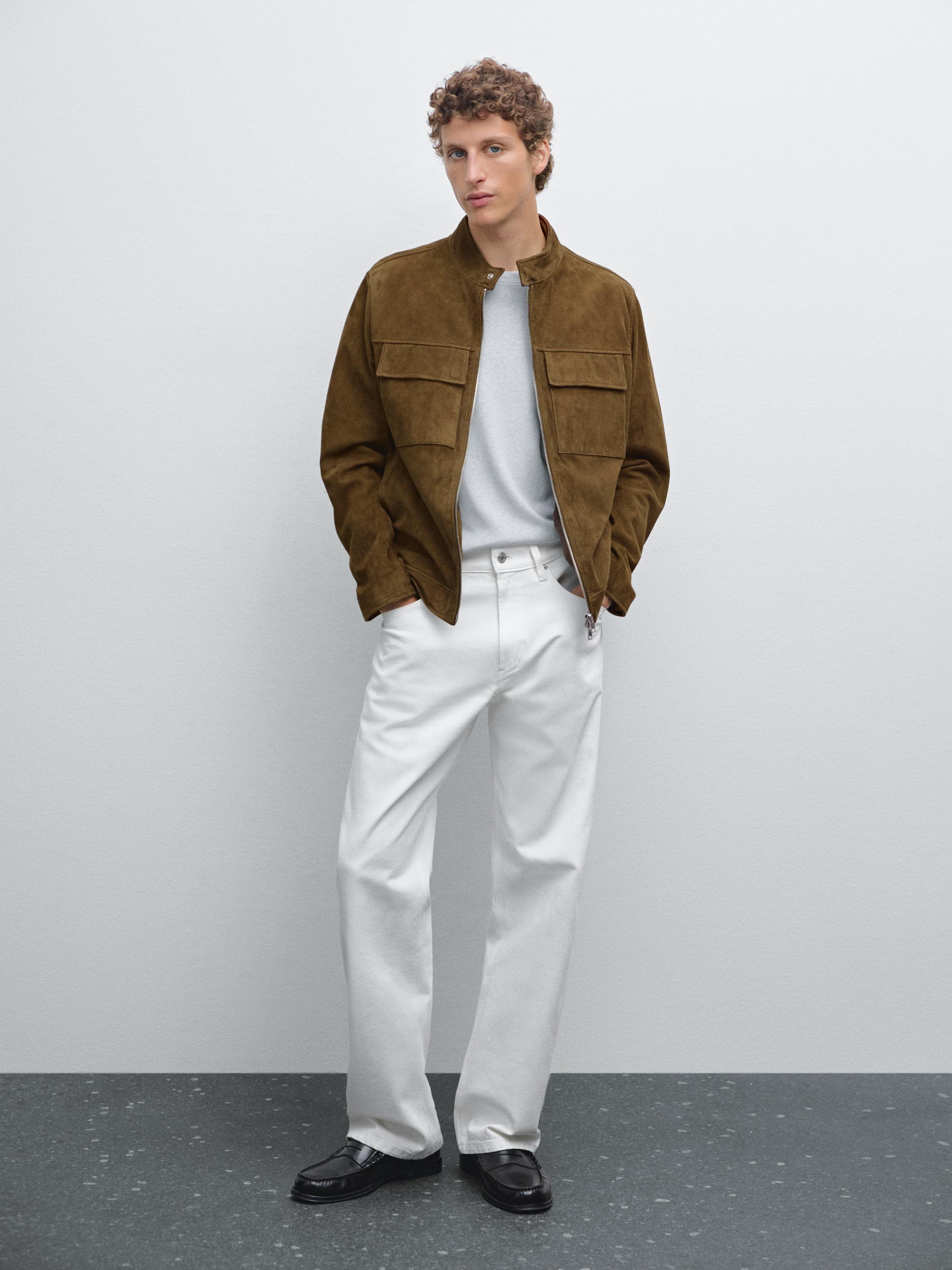 Suede leather biker jacket with pockets