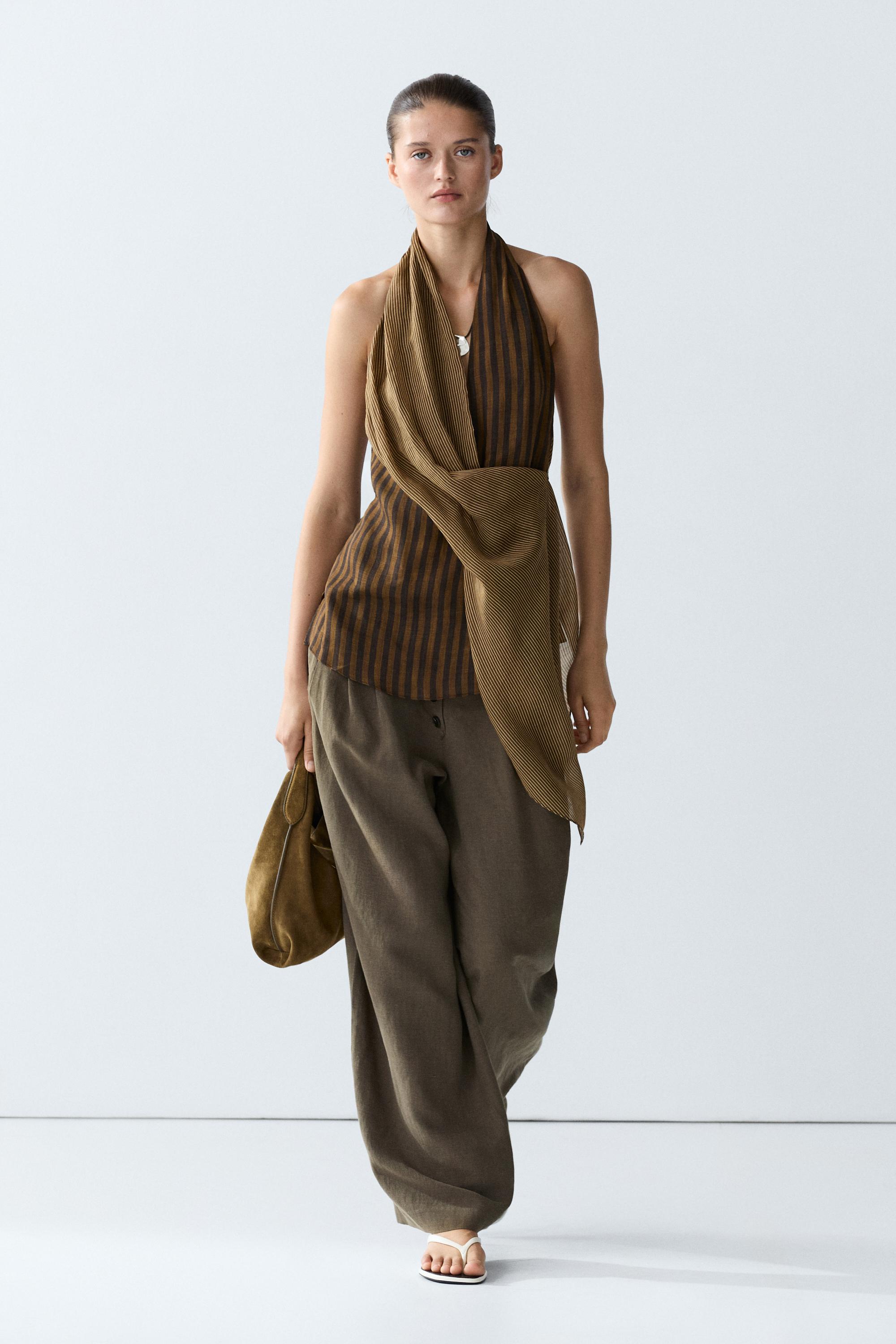 Flowing striped halter top total look — Khaki