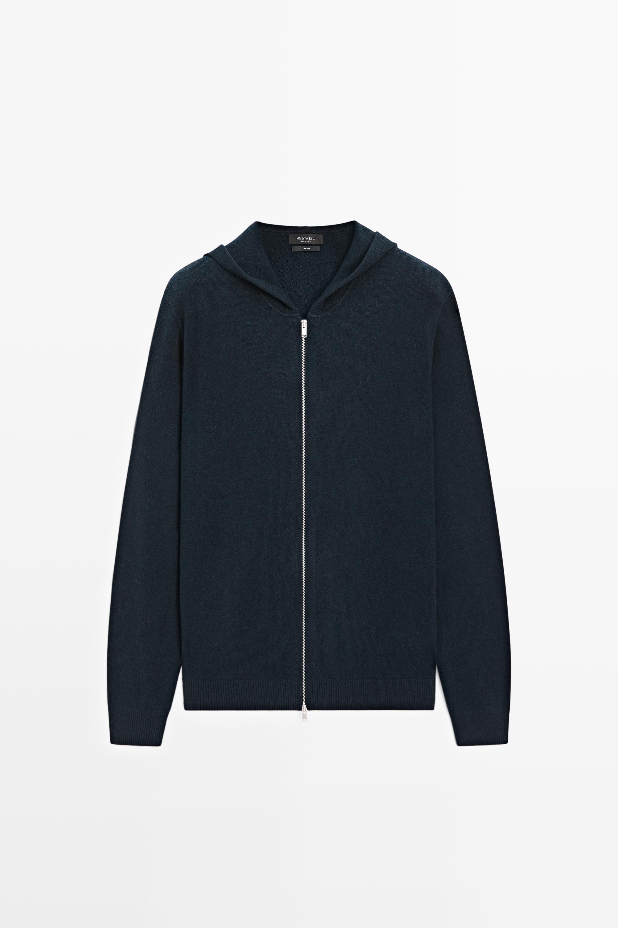 100% cashmere hooded knit cardigan — NAVY BLUE
