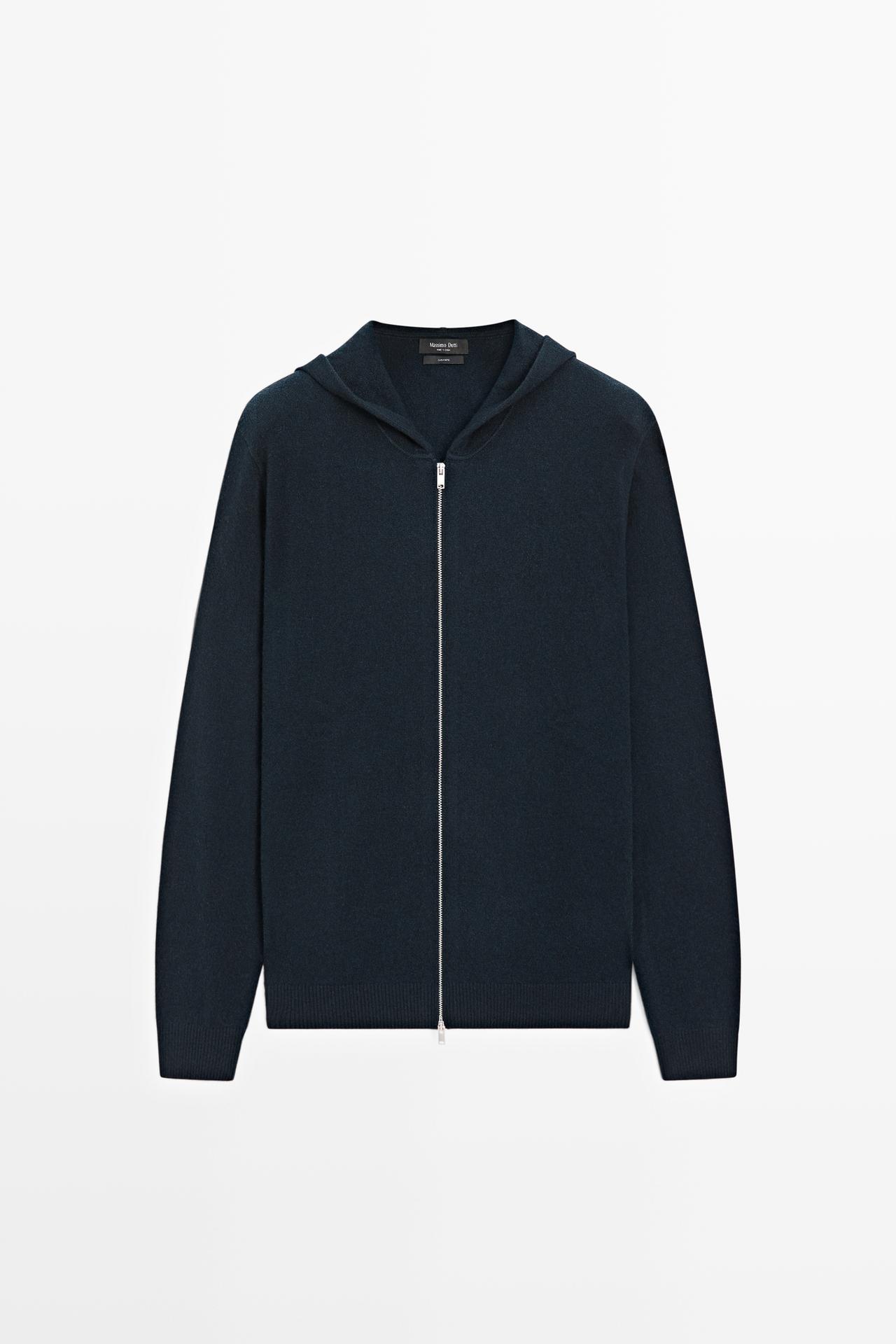 100% cashmere knit cardigan with hood — NAVY BLUE