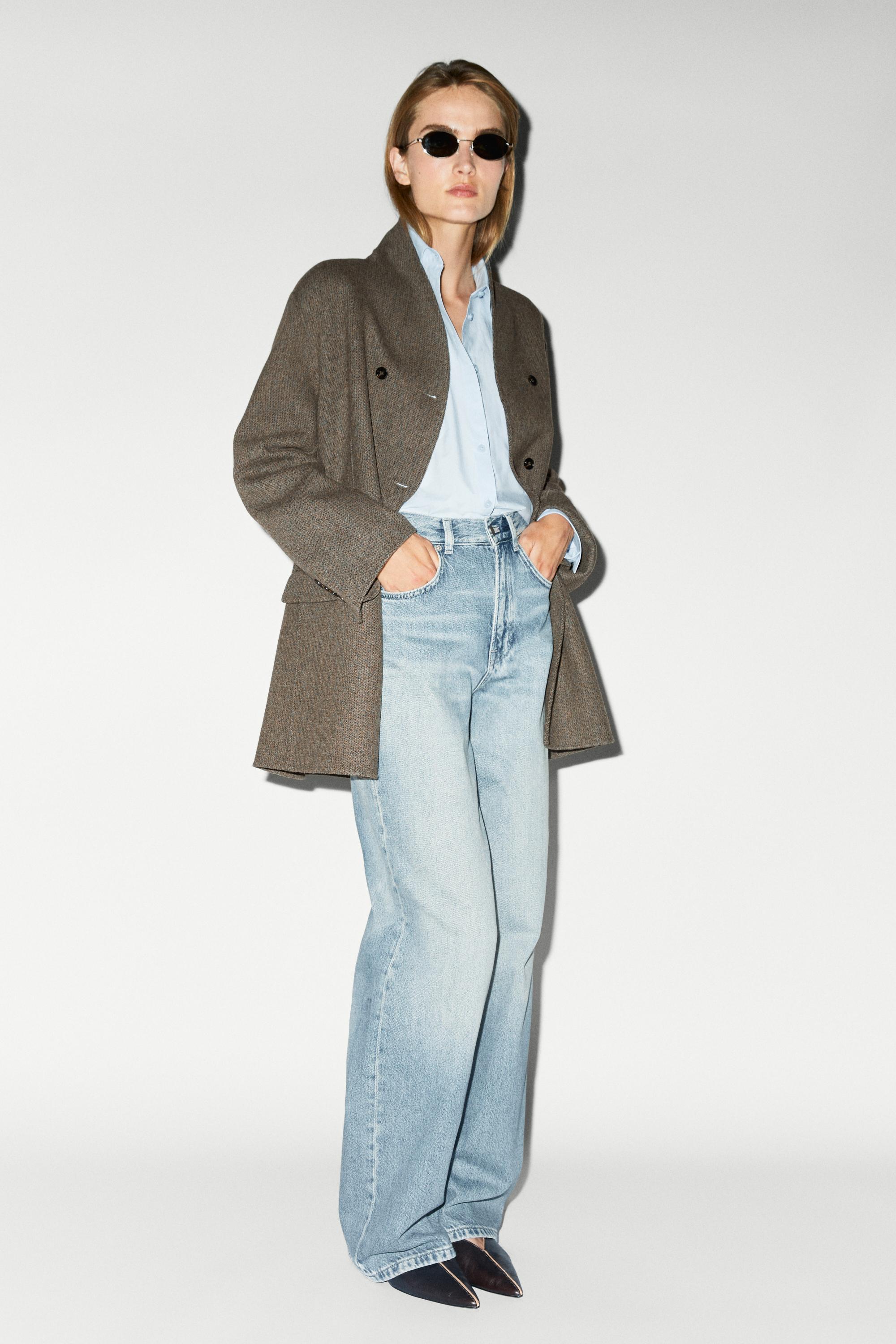 Mid-length double-breasted coat with button detail — BROWN