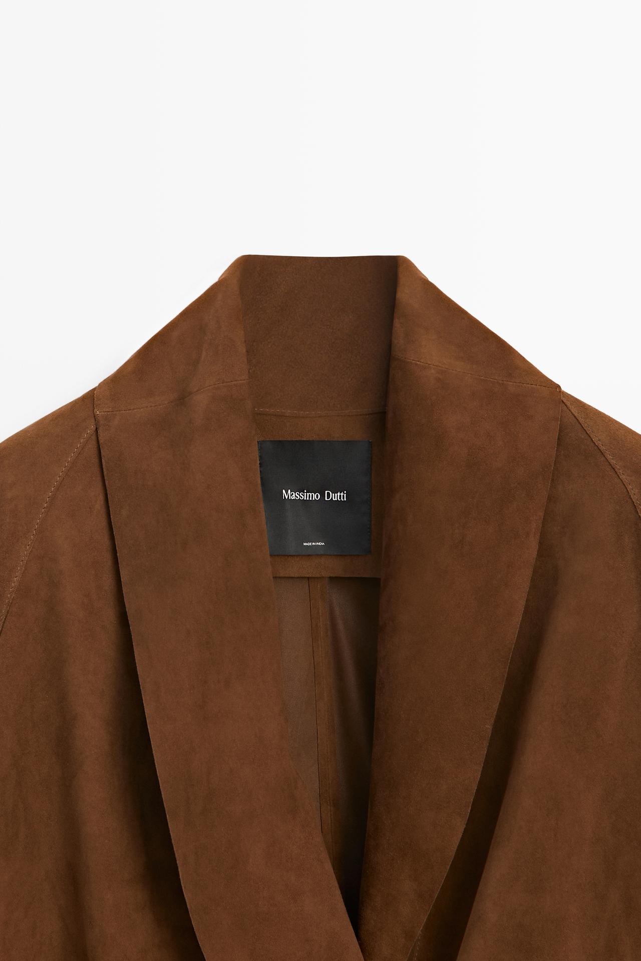 Suede leather tie-front kimono — BROWN