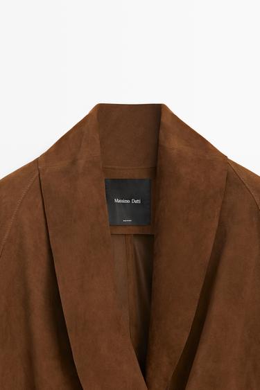 Suede leather tie-front kimono — BROWN 4