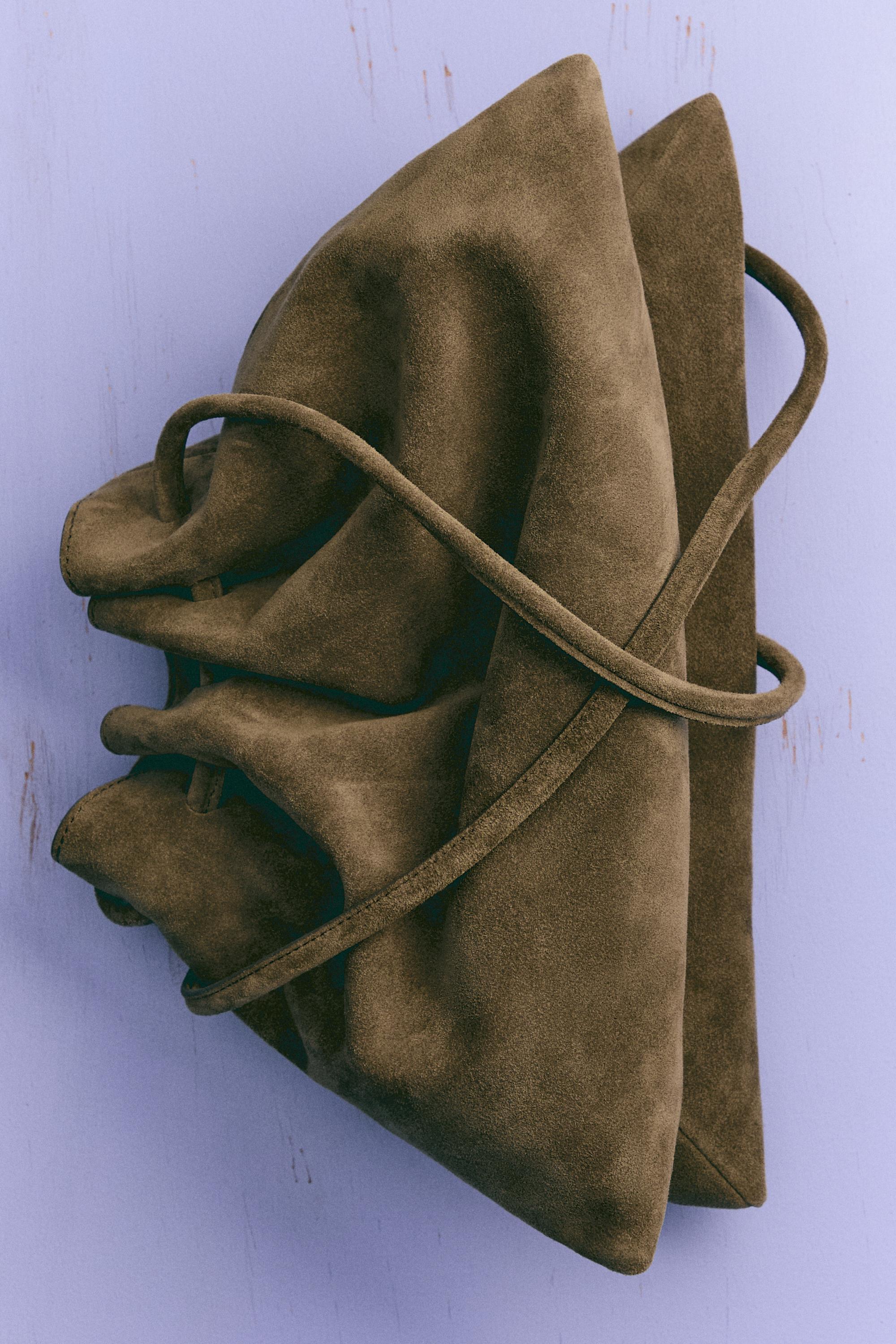 Ruched split suede leather bag — MOLE BROWN