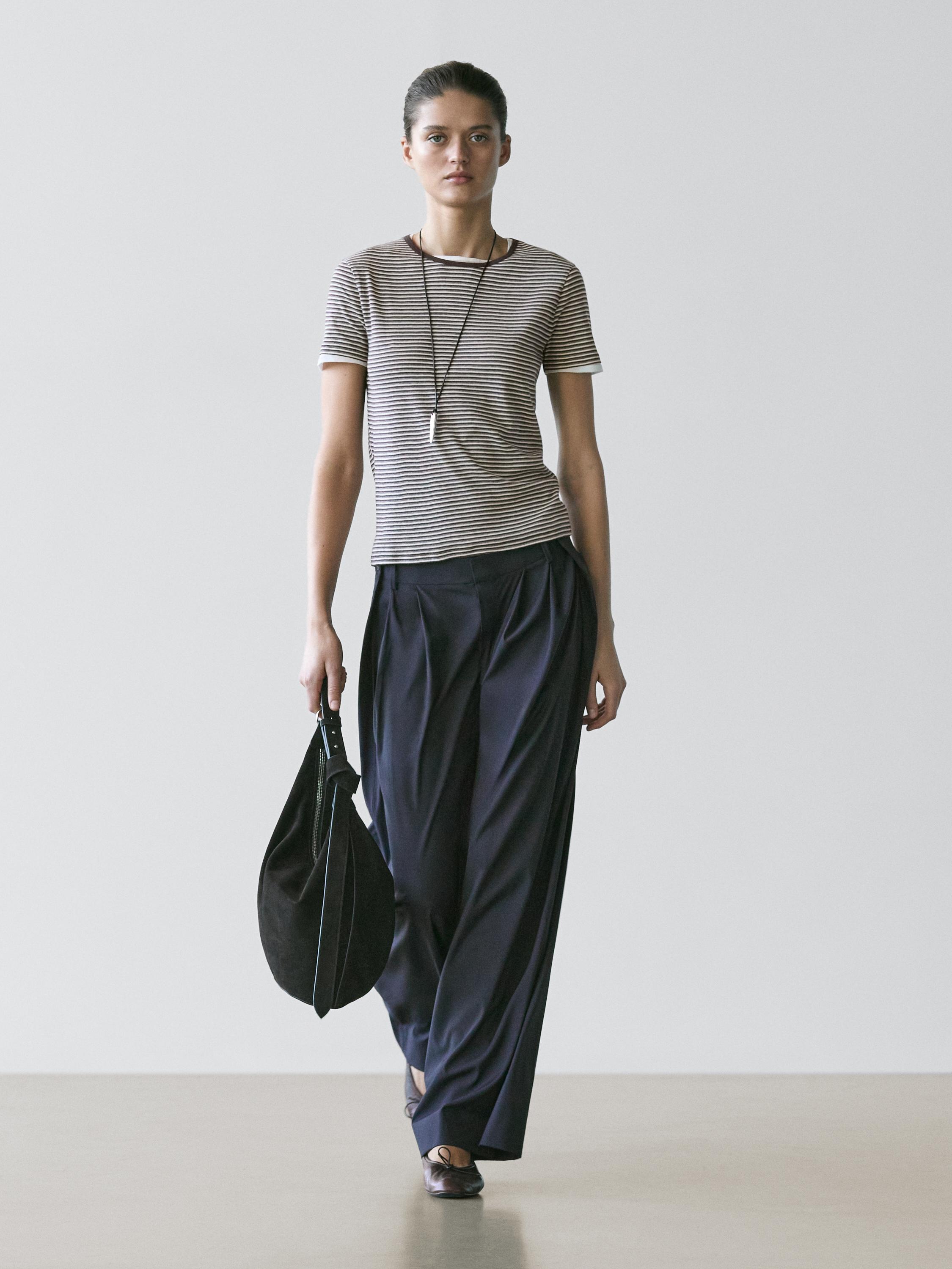 Striped double-layer T-shirt with short sleeves — BROWN