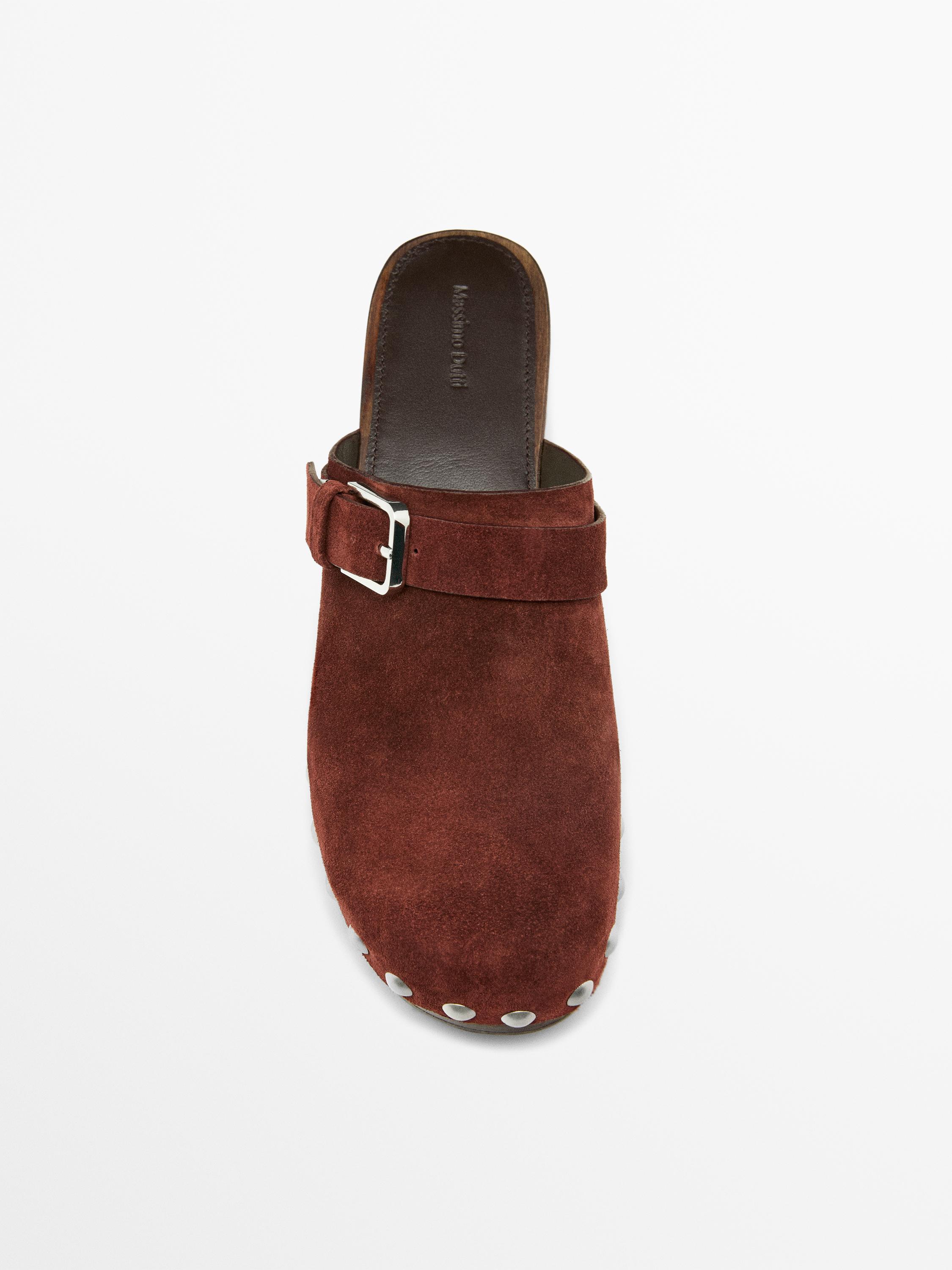Leather clogs with buckle — TERRA-COTTA