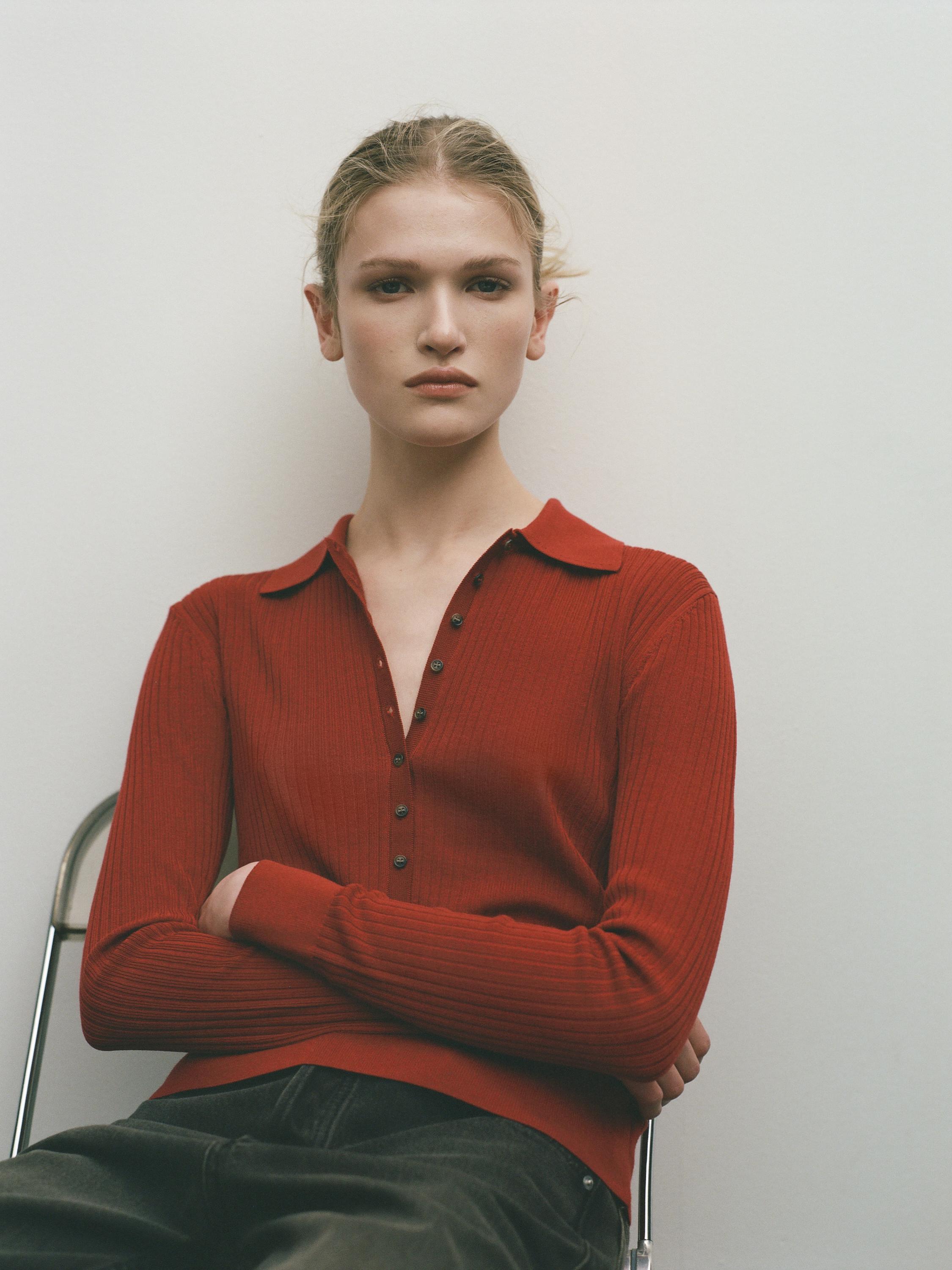 Ribbed knit sweater with polo collar and buttons
