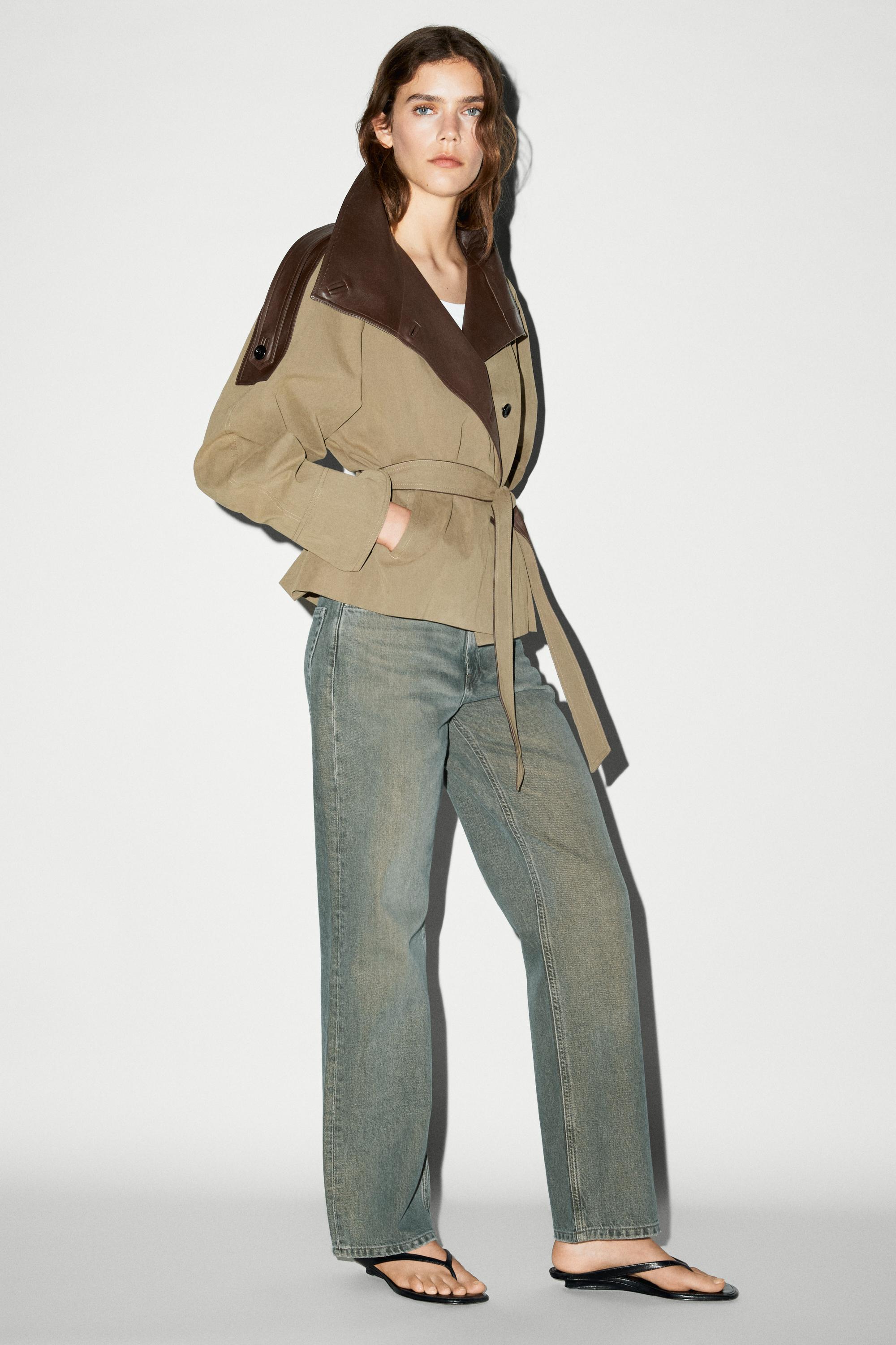 Cropped mixed leather jacket — Greyish green
