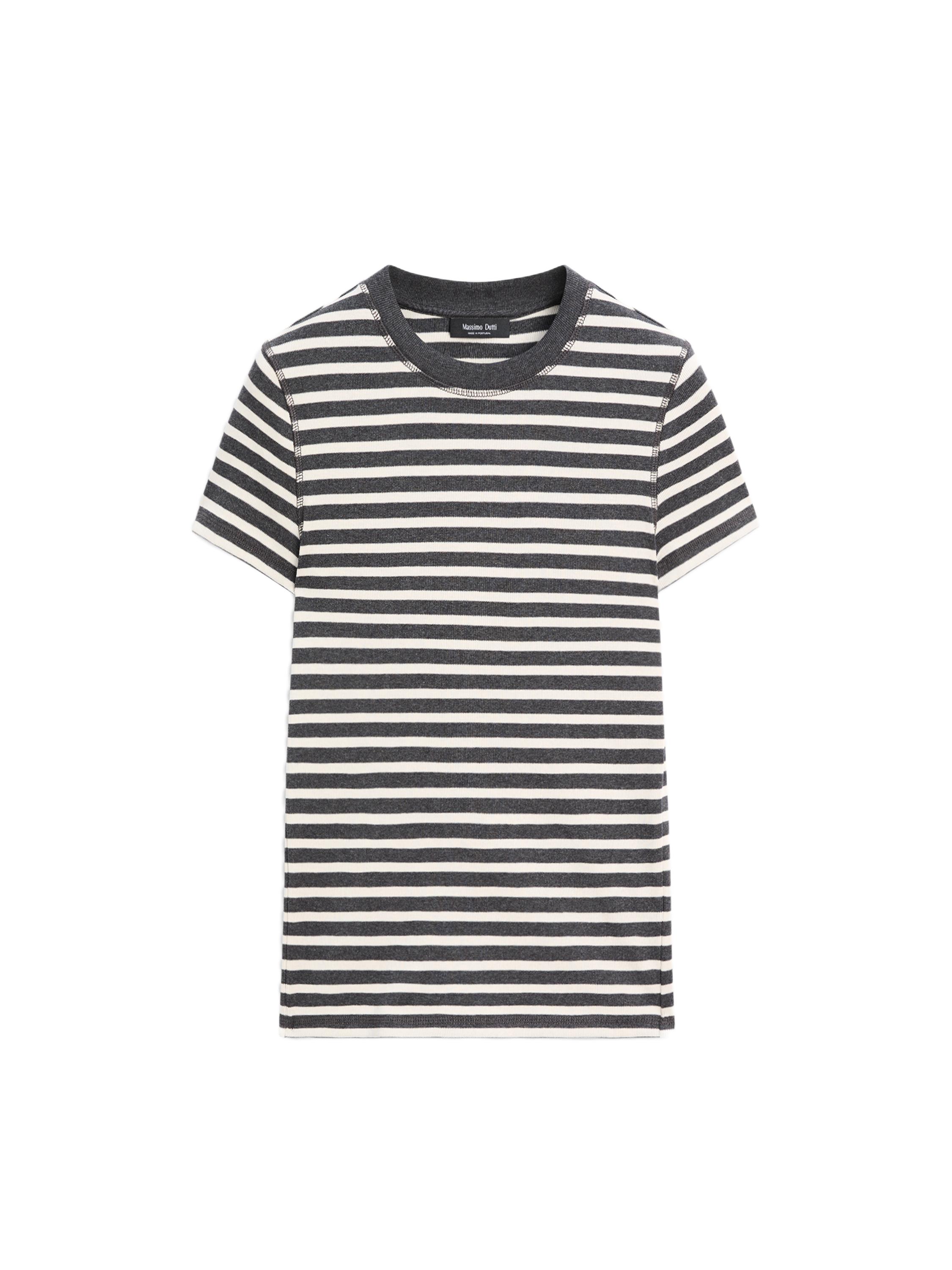 Front view of a gray T-shirt with white horizontal stripes, short sleeves, and a round neck.