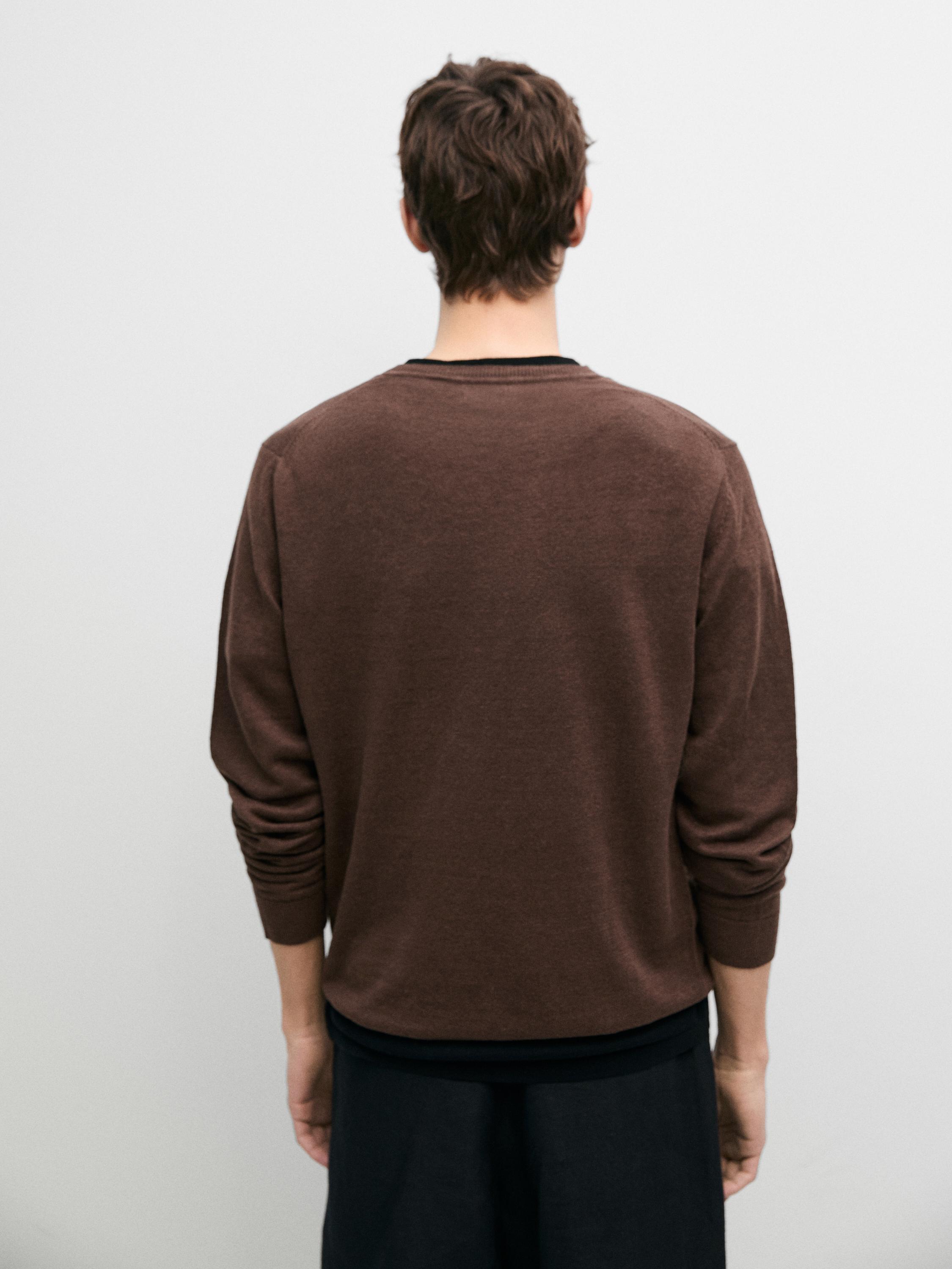 100% linen knit crew neck sweater — Reddish brown