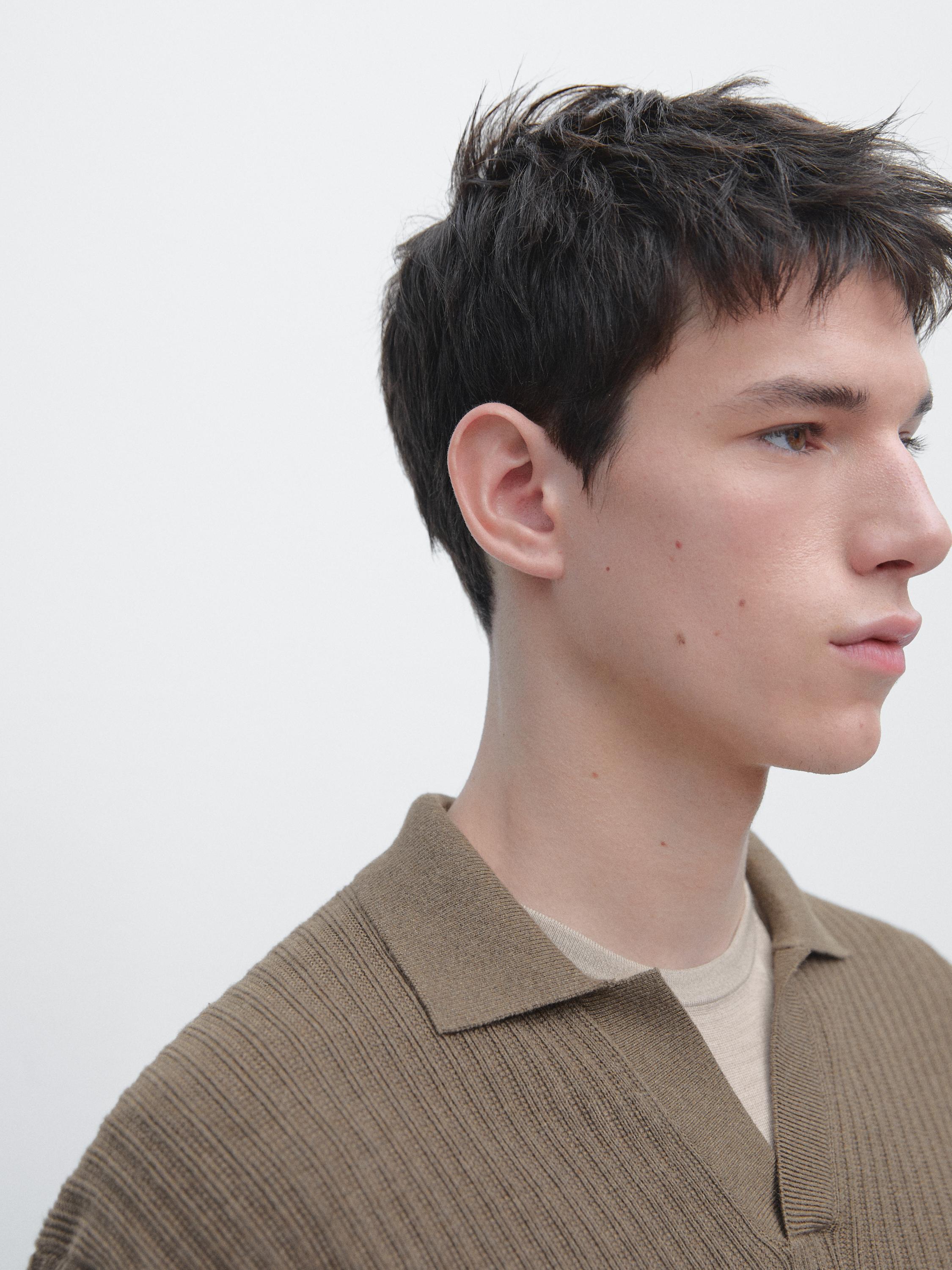 Cotton blend knit polo sweater — KHAKI